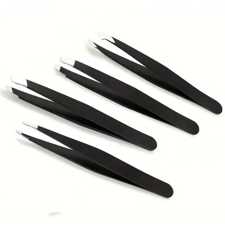 4-Piece Stainless Steel Tweezer Set with Leather Case for Precision Hair Removal, Long Lasting Professional Grooming Tools with Slant, Pointed, Angled & Flat Tips for Women & Men