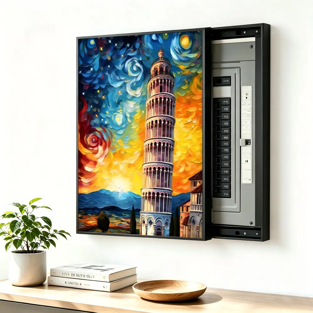 ElectricalPanel Cover Decorative Breaker Box Cover Fuse Box Cover Leaning Tower Starry Night Art Aluminum Alloy Frame With High Quality Canvas, LivingRoom Home Office