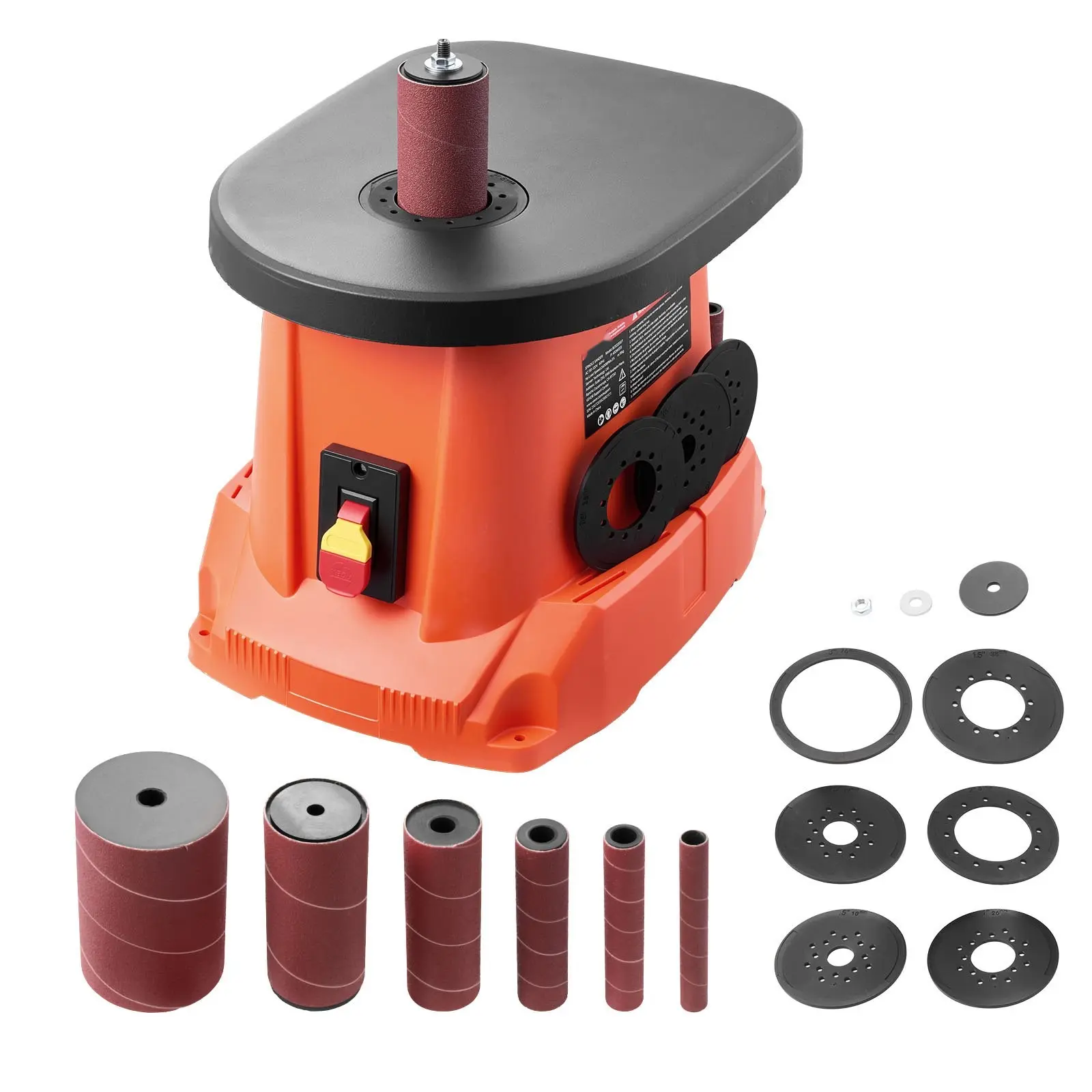 Benchtop Oscillating Spindle Sander, 2400 RPM, 5/8" Stroke, 15.6x11.6 Inches Cast Iron Worktable, 6 Sleeves (1/2"-3") with Slots & Dust Port, for Flat Curved Furniture Finishing, DIY Woodworking Projects