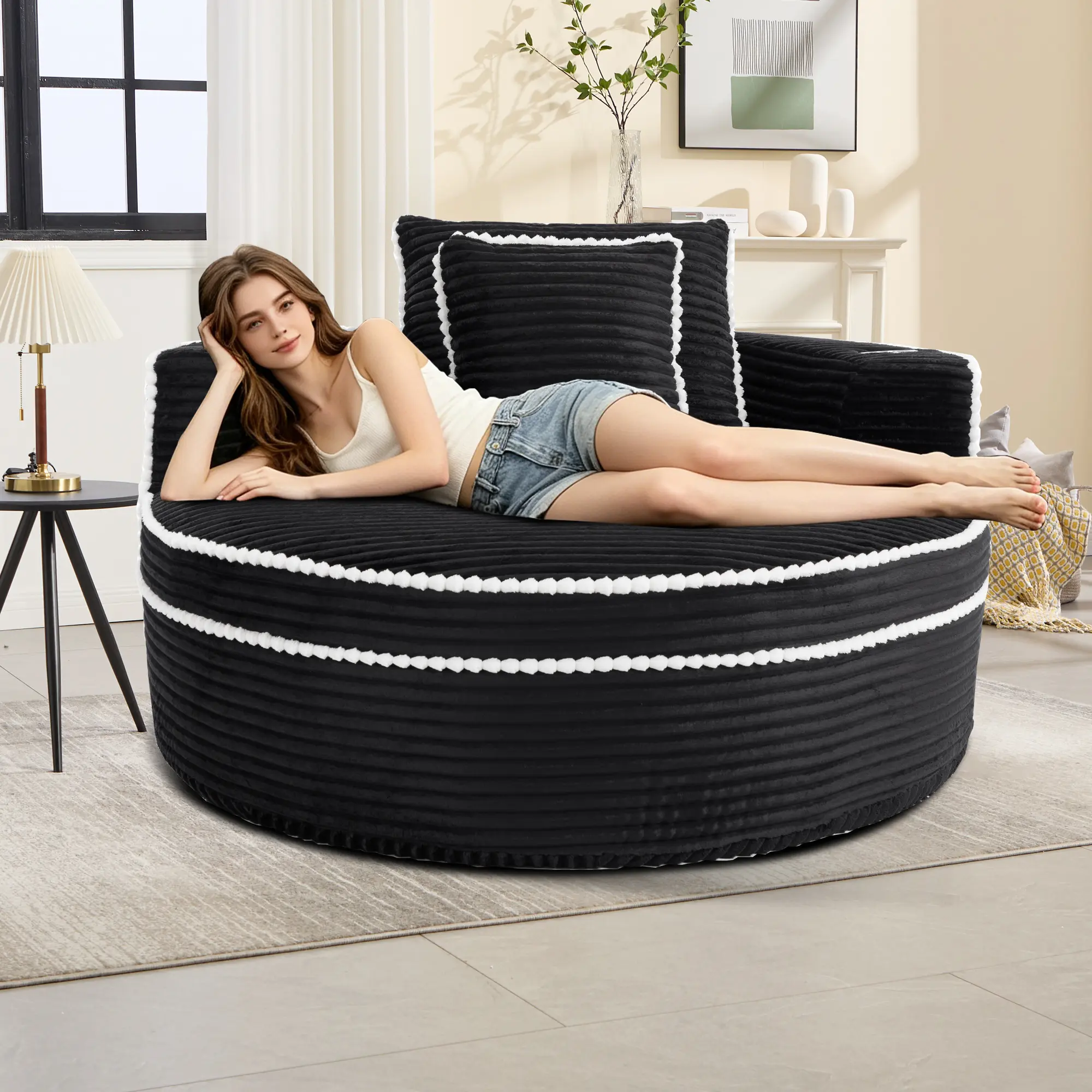 Nokaa Round Sofa Bed with Memory Foam, Cloud Couch Sectional for Living Room, 55x55x25 in Black Polyester, Convertible Sofa Bed with Cup Holder and Two Pillows, No Assembly Required, Compact Couch for Small Spaces, Primary Living Space