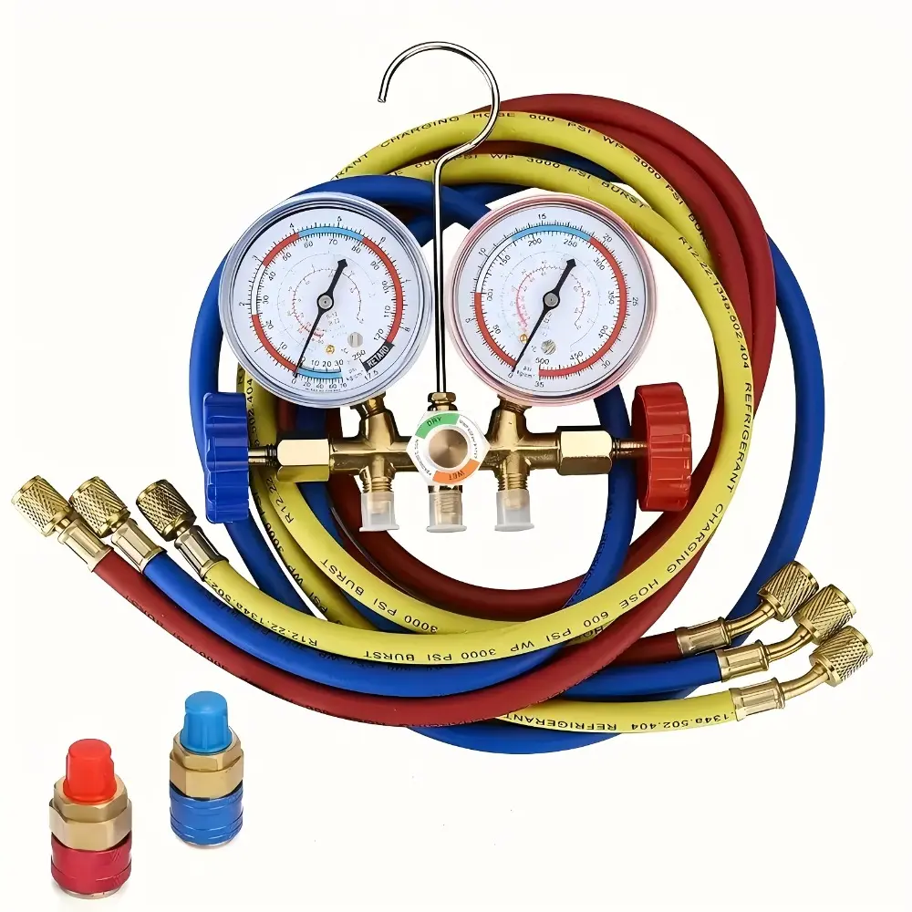 AC Manifold Gauge Set with Hoses And Adapters 3-Way A/C Gauges for R134A, R22, R12, R404A Refrigerants Charging And HVAC Diagnostics Car Tools