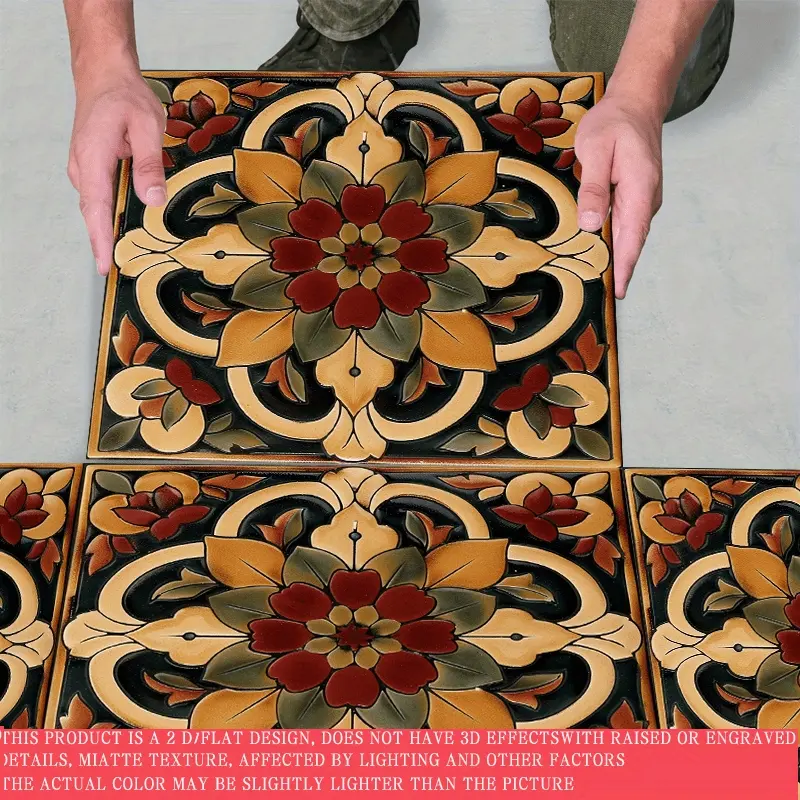 10pcs 2D Flat Vinyl Floor Leather Stickers, Mexican Style - Retro Pattern Self-Adhesive Peel & Stick PVC Tiles for Kitchen, Bedroom, Living Room Decor, 11.81x11.81 Inches, Elegant Home Decoration for Floors in Kitchens, Bathrooms, Dorms, and More, 2D Flat