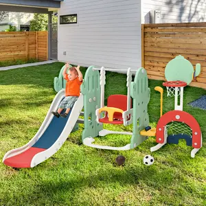 Set 7 En 1 De Juegos para Niños - Tobogá n Independiente, Columpio Ajustable, Aro De Baloncesto, Escalador, Lanzamiento De Aros, F útbol y Golf - Parque Infantil Interior/Exterior - Ideal 1-8