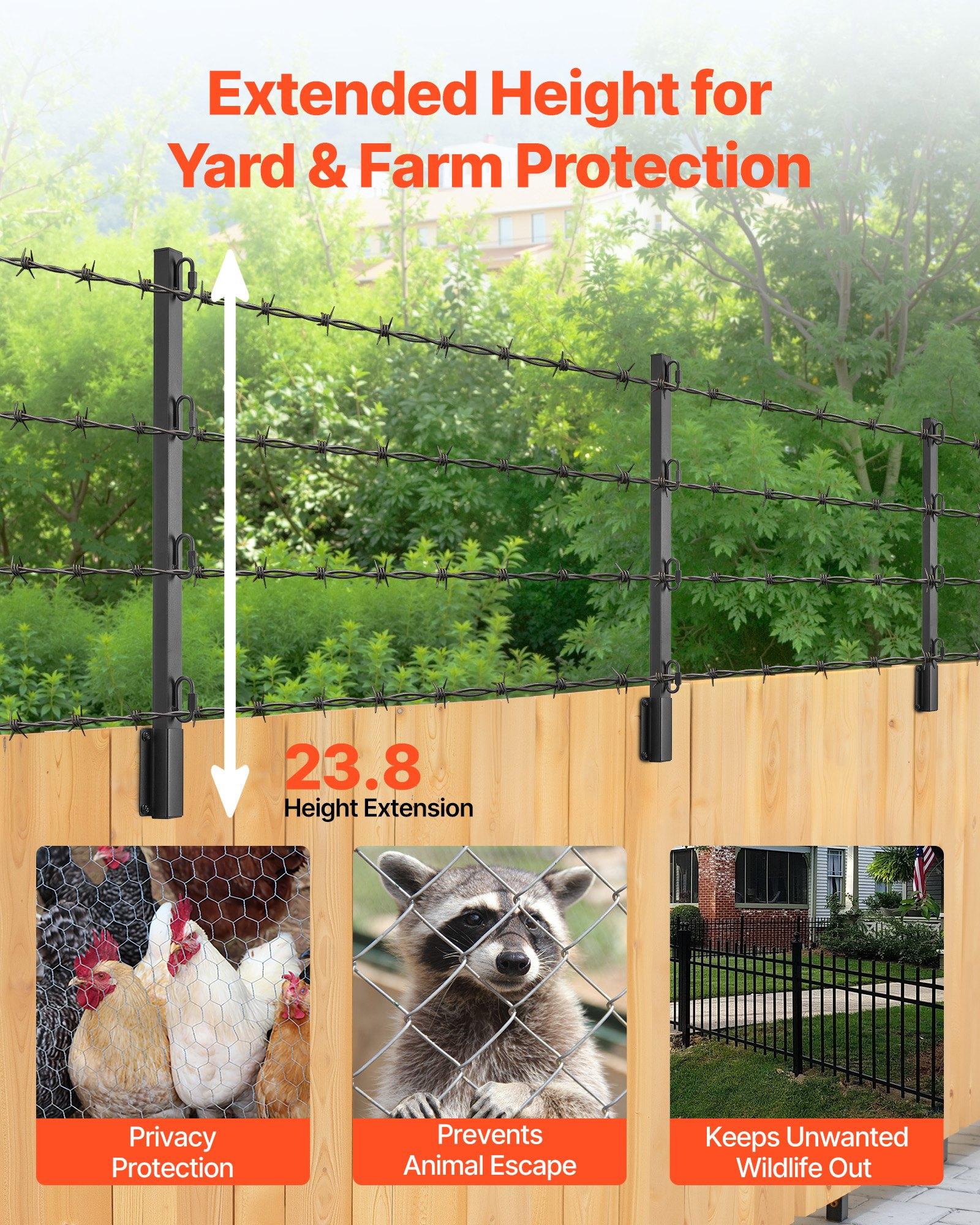 VEVOR Fence Post Extender, 8 Packs 23.8 in Barbed Wire Arm, Sturdy Steel Fence Height Extender, Flat or Surface Mounted Barbed Wire Extension Arms, Protect Privacy and Prevent Pets Jumping Off
