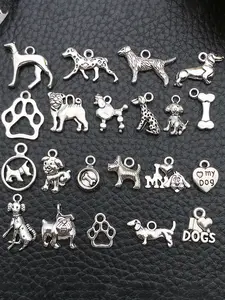 21pcs Bulk Mixed Footprints Pet Dog Charm DIY Animal Pendant, Antique Silver Tone Jewelry Making Bracelet Necklace Keychain Accessories Craft Supplies