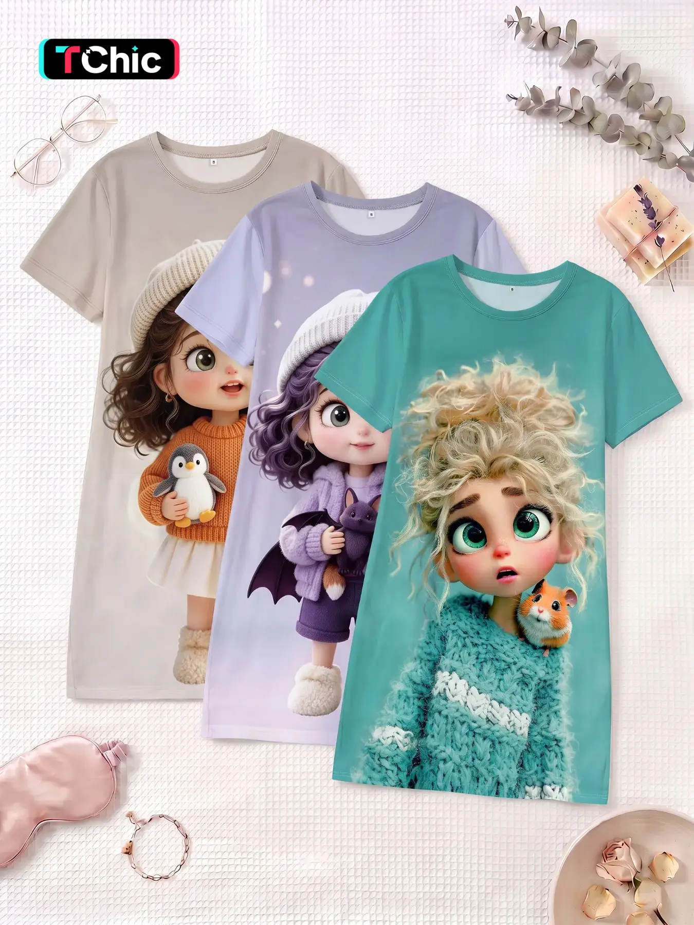 3-Pack Cute Cartoon Girl Print Nightdresses, Round Neck Short Sleeve, Breathable Slim-Fit Sleepwear for Spring Summer