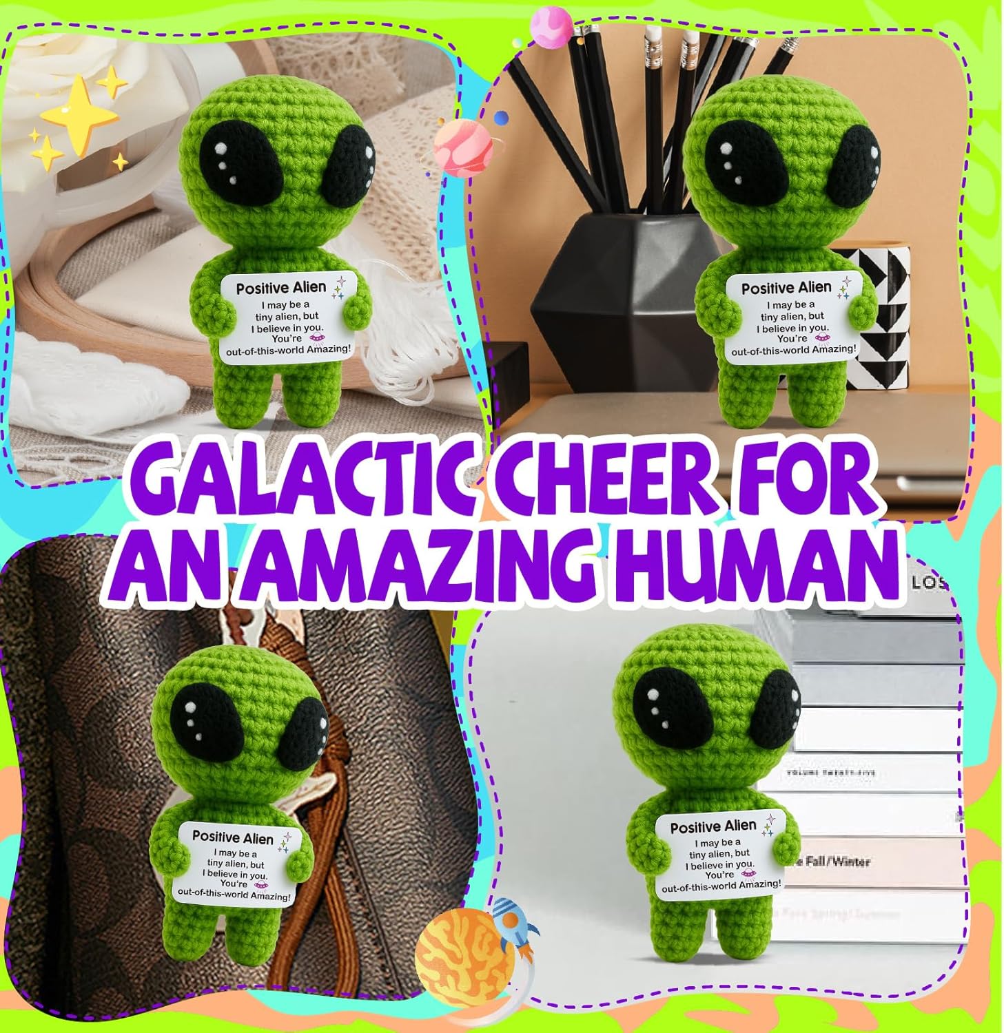 Positive Alien Crochet Plush with Inspirational "You're Out-of-This-World Amazing" Message Card, Handmade Emotional Support Desk Decor, Funny Motivational Gift for Teens Friends Coworkers, Ideal for Valentines, Easter Basket Stuffers, Birthday & Graduatio
