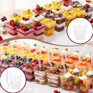 50 package 7-oz square transparent plastic dessert cup, spoon optional (with/without spoon), mini cake cup for yogurt, jelly, snacks, mousse, pudding, clear disposable plastic cups, wedding holiday party supplies