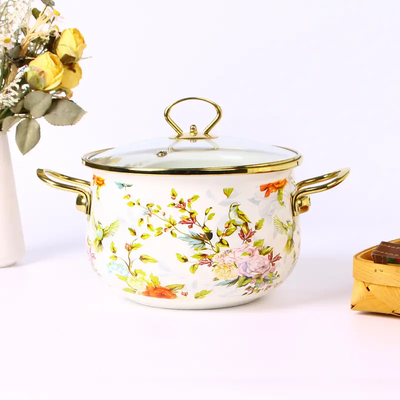Thickened Enamel Stockpot with Double Handles & Golden Rim. Multi-use stew pot works on induction cooktops. Viral kitchen essential for simmering, braising and daily home cooking