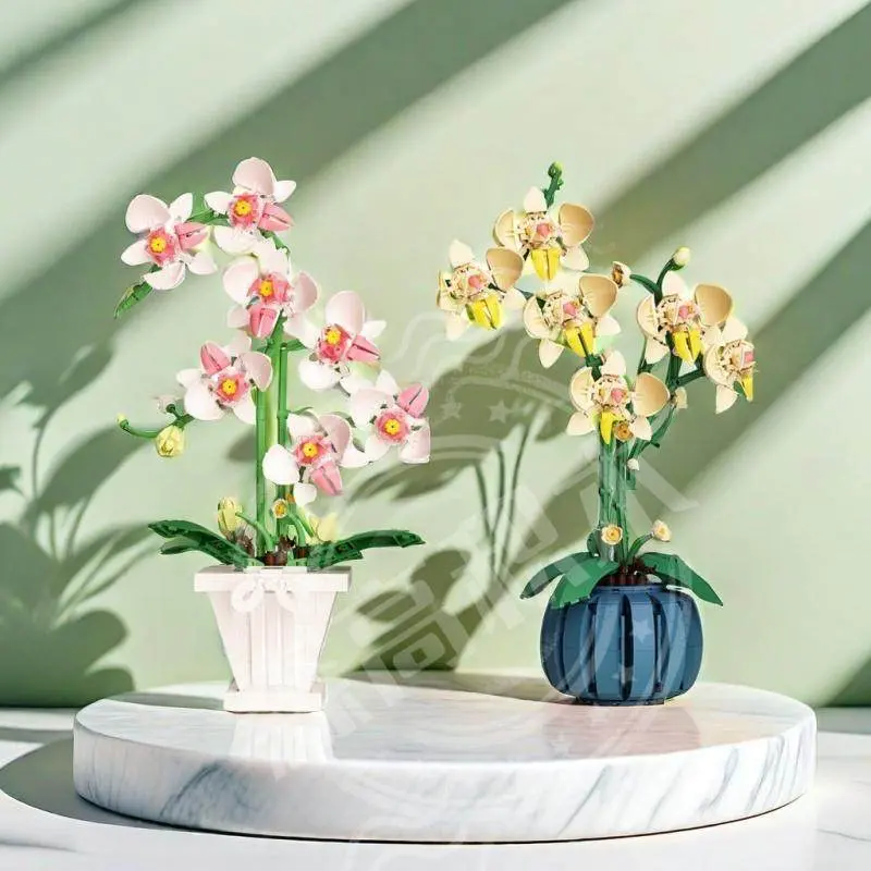 DIY Orchid Bouquet Building Block Set, 718 Pieces Lifelike Faux Orchid Plant, Elegant Kit with Vase, DIY Floral Decoration, Perfect Gift for All Occasions