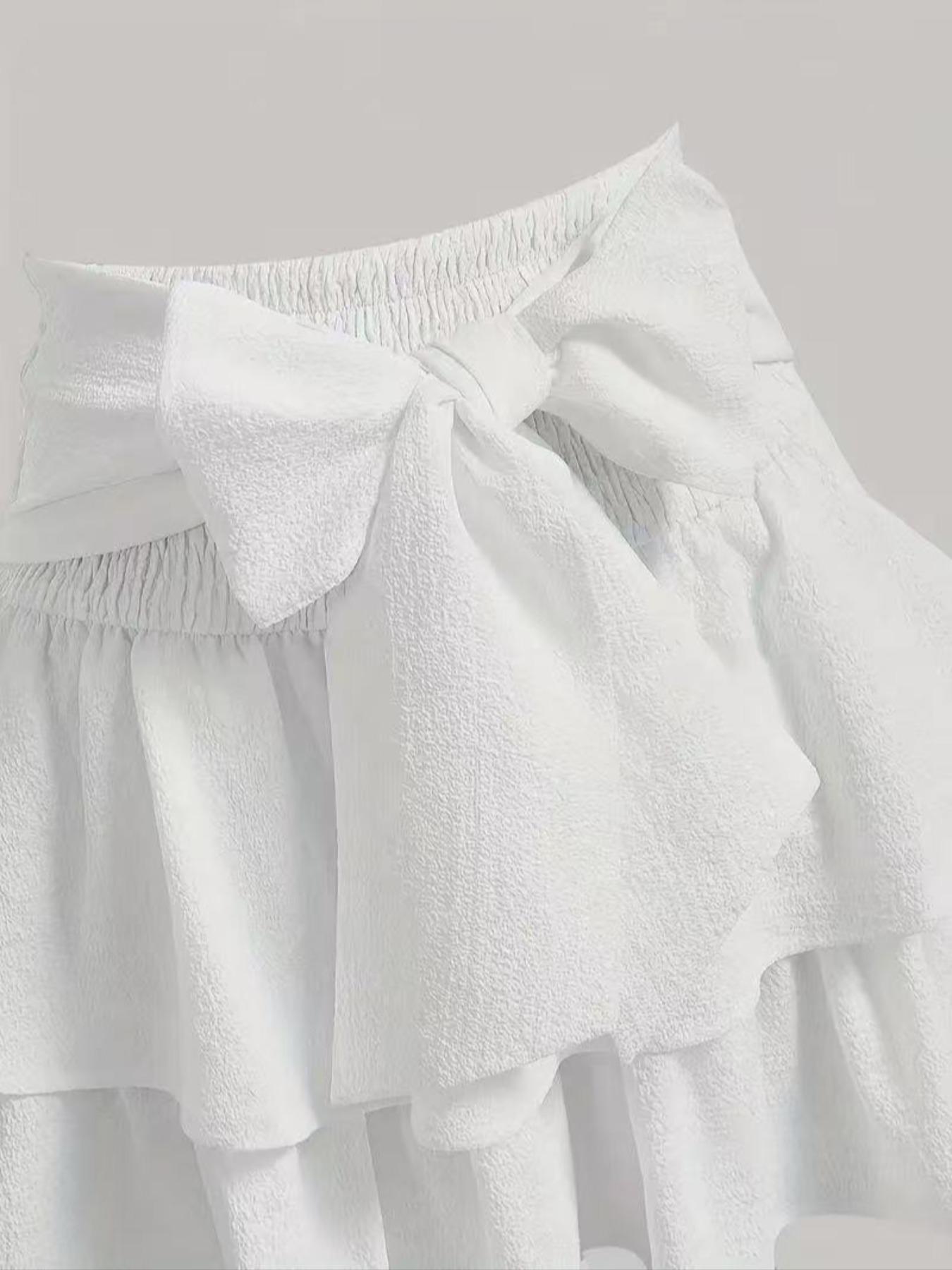 Women's Plain Bow Decor Tiered Layer Ruffle Hem Skirt, Casual Shirred Short Skirt for Daily Wear, Ladies Bottoms for All Seasons, Womenswear