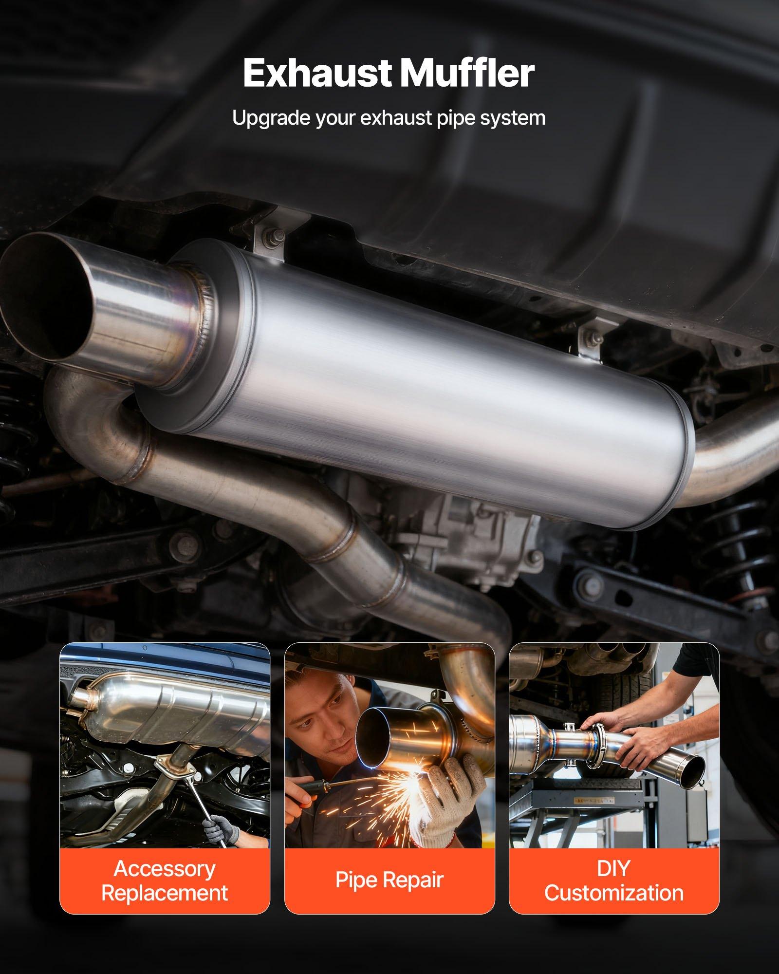 VEVOR Exhaust Muffler, 4 Inch Inlet & Outlet, 30 Inch Overall Length Stainless Steel Exhaust Tip, Universal Resonator Round Body, High Performance for Trucks, Sedans, Sports Cars, SUVs & Daily Drivers