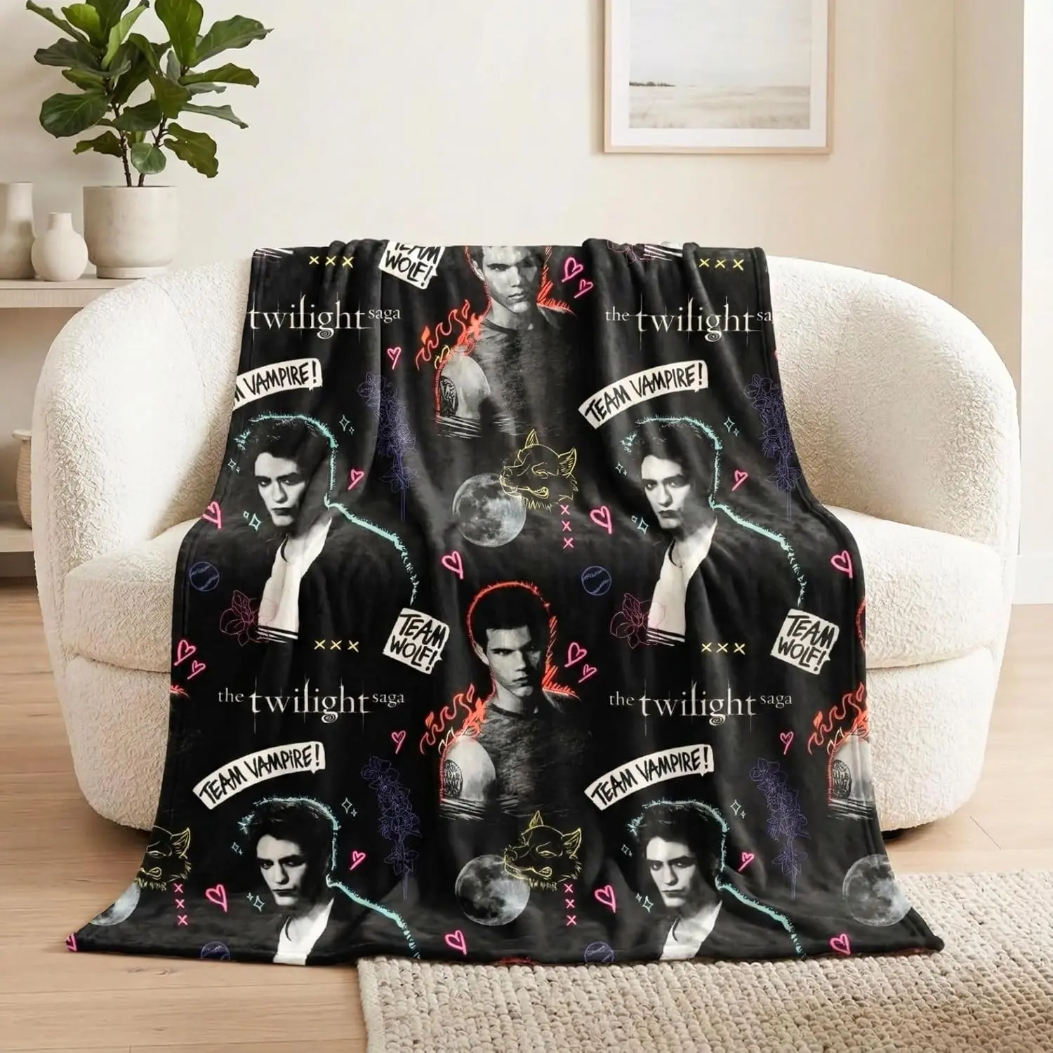 Twilight Series Character Print Seamless Black Flannel Cotton Fabric Throw Blanket, Wrinkle-Free, Multi-Size, Edward Jacob Team Vampire-Wolf Movie Fan Warm Gift for All Ages