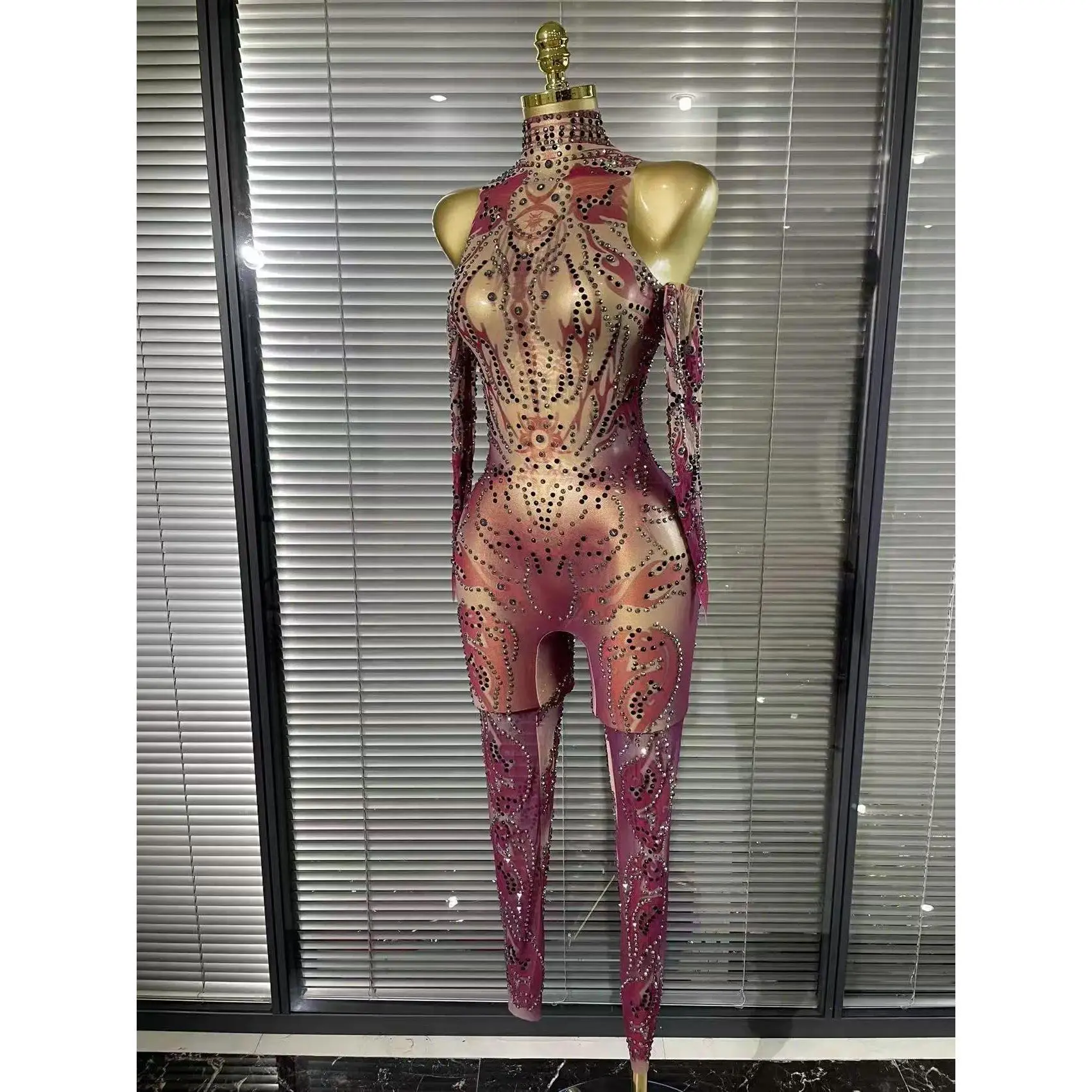 Green Red Women Sexy Mesh See Through Bodycon Jumpsuit Celebrate Nightclub Party Bar Dancer Performance Costumes Stage Wear