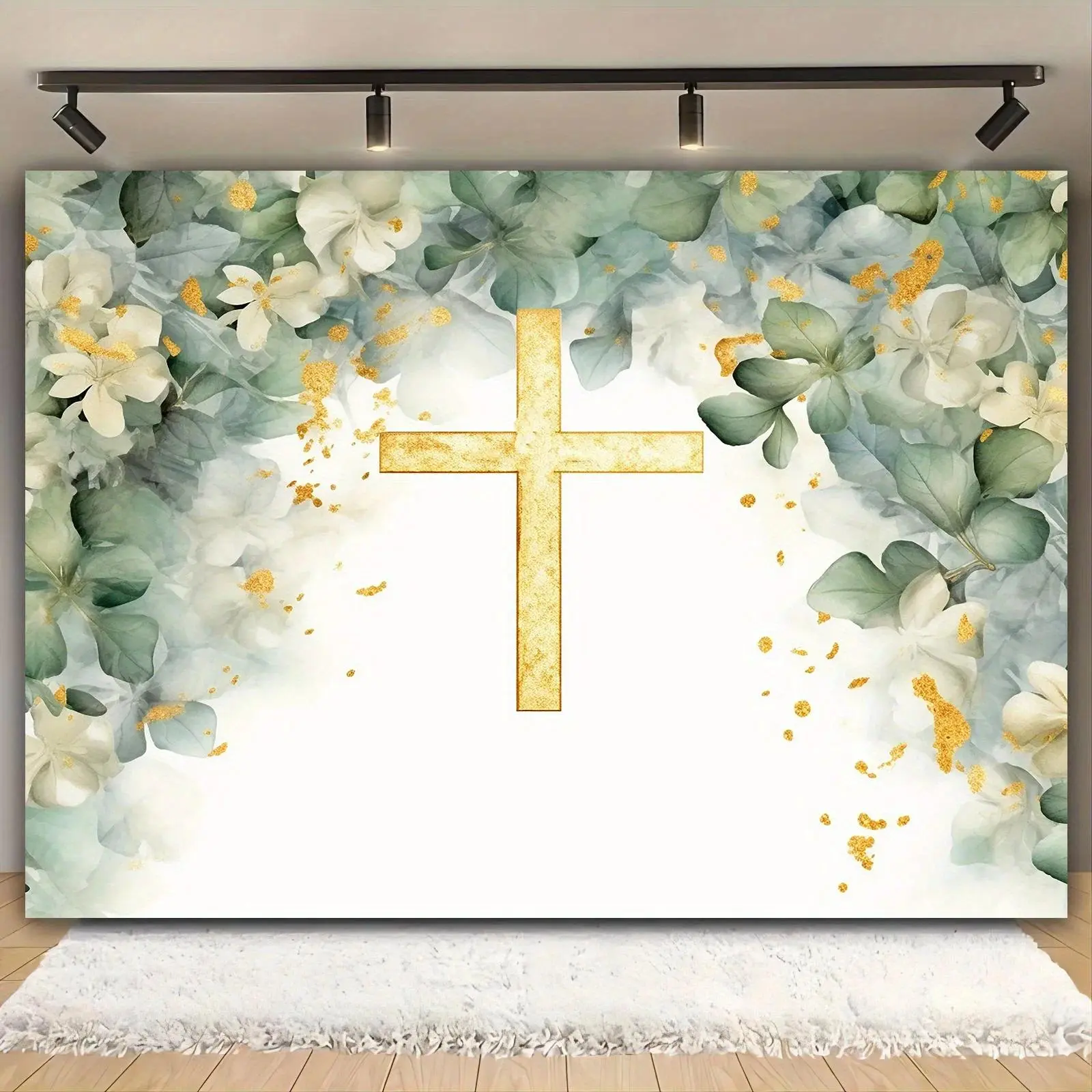 Elegant Floral & Golden Cross Hanging Photo Banner Kit - Lightweight Festive Party Banner for Baptism, First Communion Special Occasions (Home, Festive & Party Supplies Backdrop), Banners