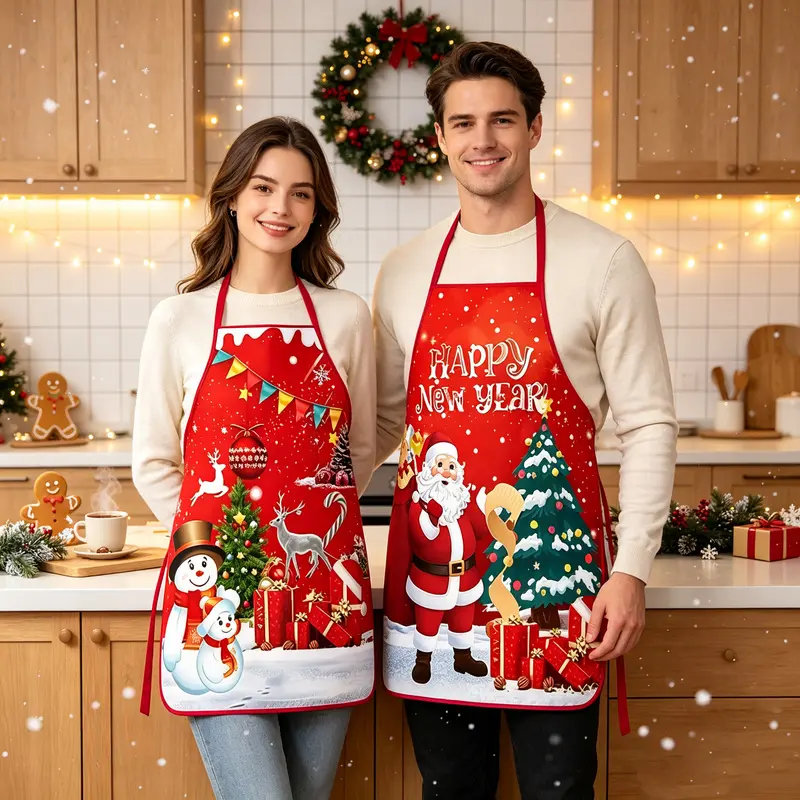 2 cartoon-style Santa Claus aprons, stain-resistant and dirt-proof, suitable for use in Christmas home and restaurant cooking. Features a neck-hanging design with exquisite prints