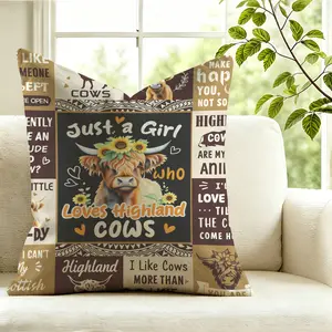 45x45cm 1Pcs Sunflower Slogan Highland Cow Pillow, Machine Washable, Trendy Print, Perfect Mother's Day Gift For Cow Lovers & Farm Home Decor (With Insert)