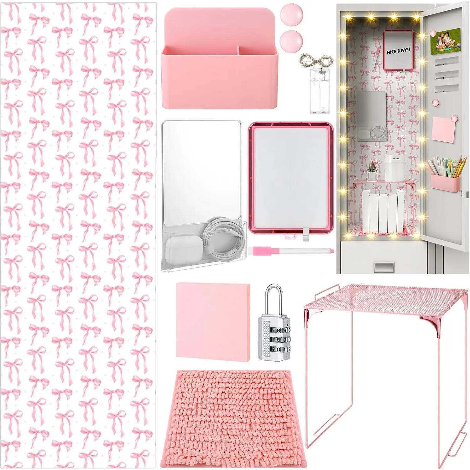 19 Pcs Pink Bow Locker Organizer Kit Back to School | Locker Decoration Essential with Magnetic Mirror Organizer, Shelf, Whiteboard, LED Light, Wallpaper, Pen Holder, Rug, Lock