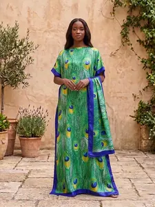 Women's Elegant Peacock Print Kaftan - Lightweight Loose Maxi Dress for Summer Resort Beachwear