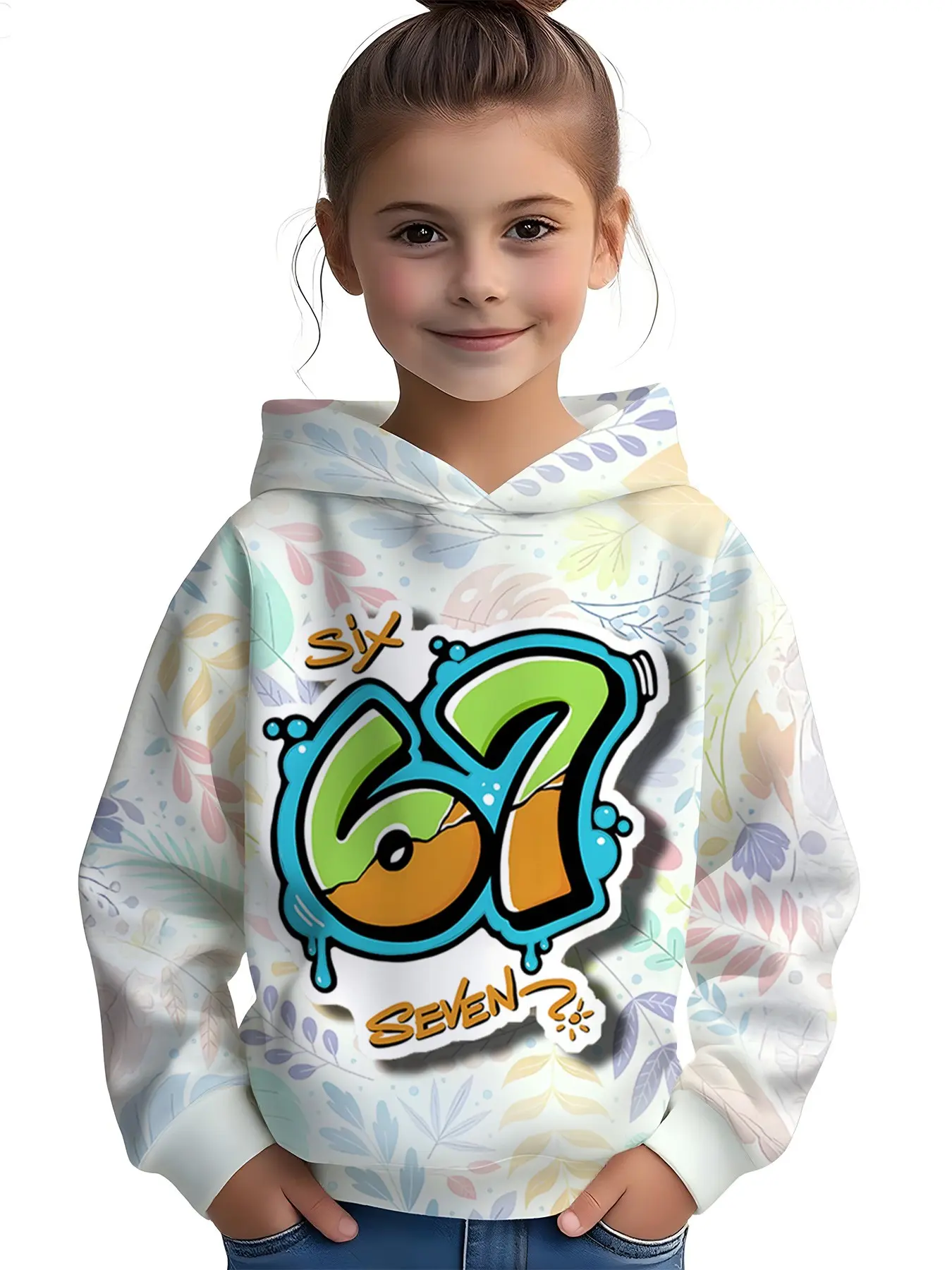 Girls' Six Seven Series Hoodie, Fresh Leaf Graffiti 67 Number Print Sweatshirt, Casual Long Sleeve Top, Cozy Sweatshirts, Perfect Christmas Gift