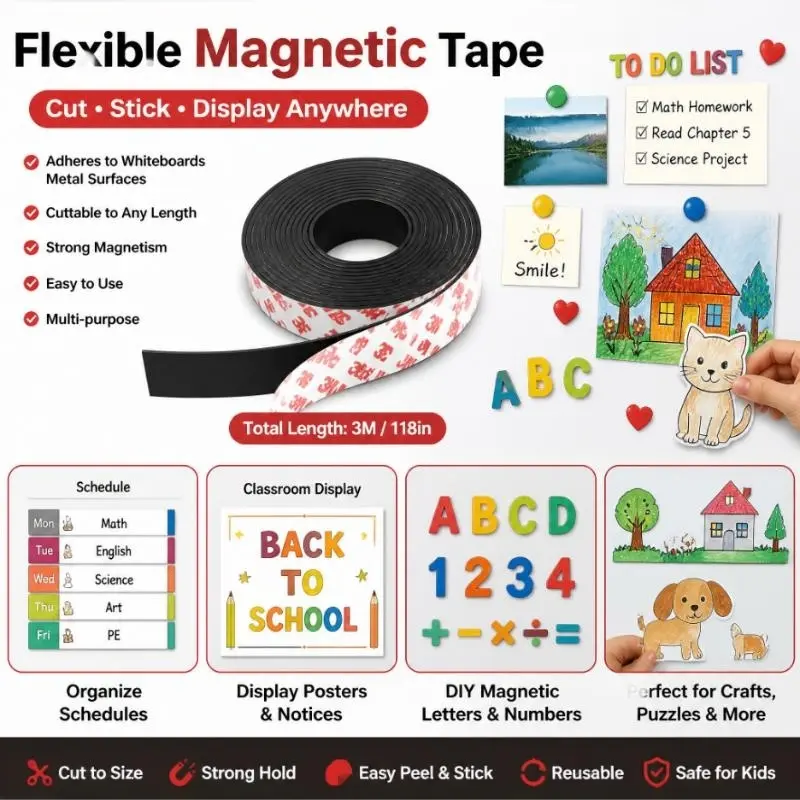 Multi-specification 3M adhesive soft magnetic strips, thick magnetic stickers, magnets for doors and windows, teaching advertisements, magnetic patches, rubber magnetic strips, Teaching Aids