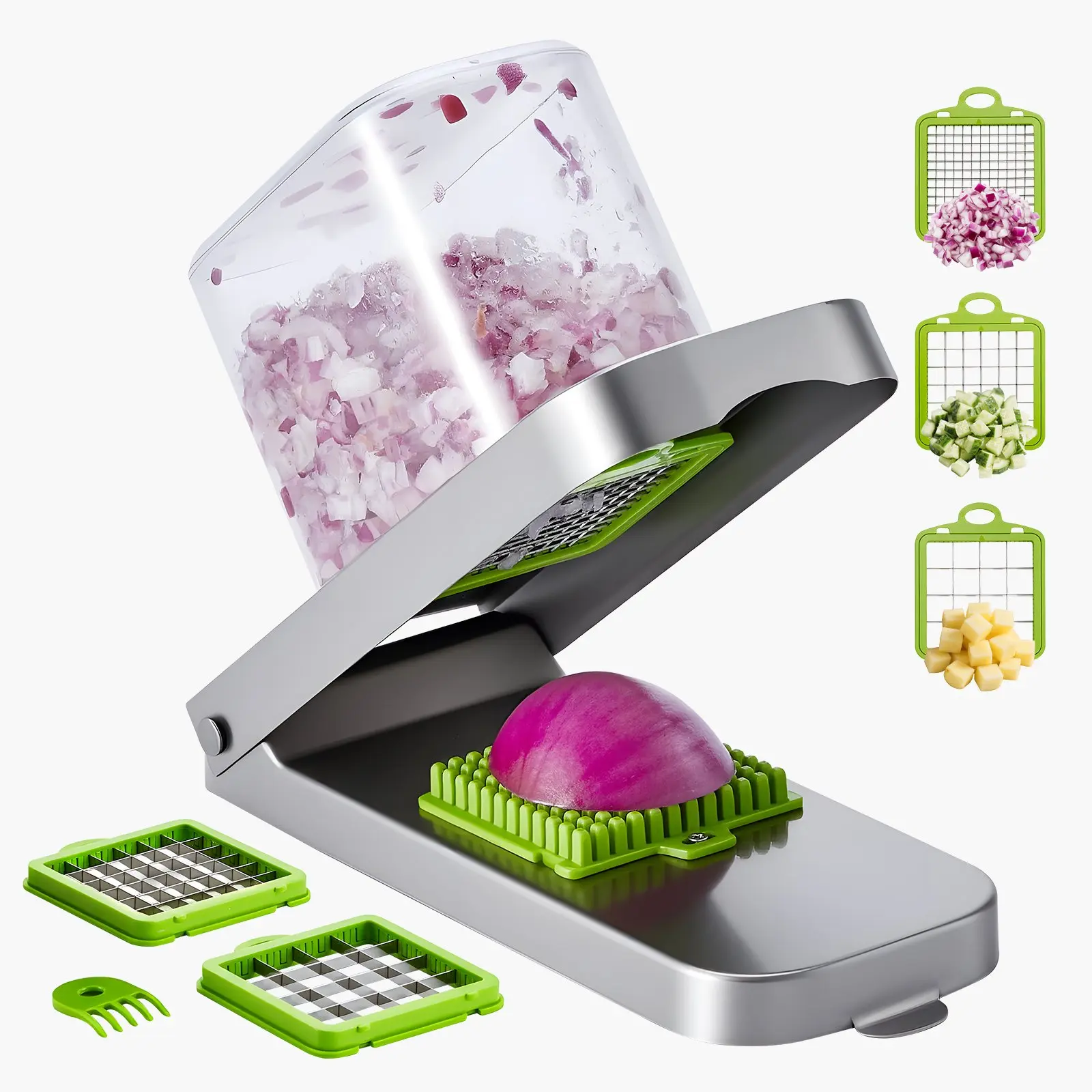 VEVOR Vegetable Chopper with Handles - 3 Stainless Steel Blades, Food Prep Container, Sturdy Onion Slicer, Smooth Salad Potato Dicer, Essential Home Supplies Kitchen Chopping Gadgets, Silver