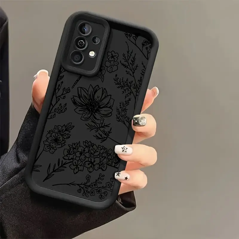 Black Large Flower Print Shockproof Case for Samsung Galaxy S26 S24 Plus S25 S23 S22 S21 Ultra FE S24+ Note20 A54 A53 A52 A36 A35 A34 A33 A17 A16 A15 A14 A13 Patterned Soft TPU Full Camera lens Protection  Phone Cover Gift 2D printing, Protector, Casing,,