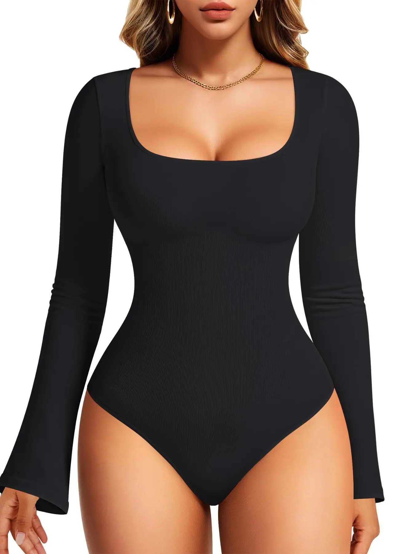 Women's Long Sleeve Bodysuit, Shapewear Flat Belly Shaper, Waist Cinching Shaping, Square Neck Bell Sleeve, Comfortable Fit, Perfect for Daily Wear