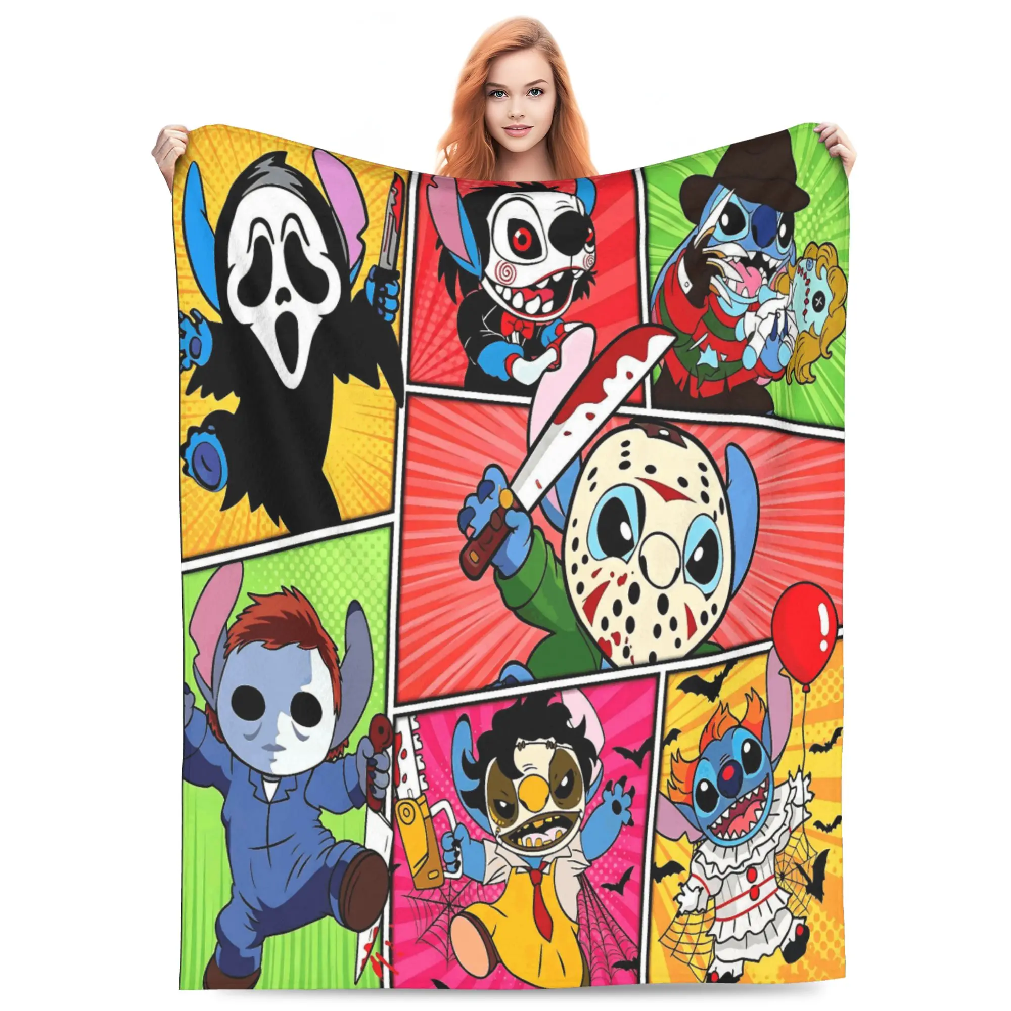 DISNEY CLASSIC Horror Cosplay Stitch Comic Panel Throw Blanket, Stitch Dressed As Classic Slasher Villains Grid Comic Style Bright Color Background Flannel Fleece Blanket, ideal spooky decor and gift for horror & Lilo & Stitch fans.