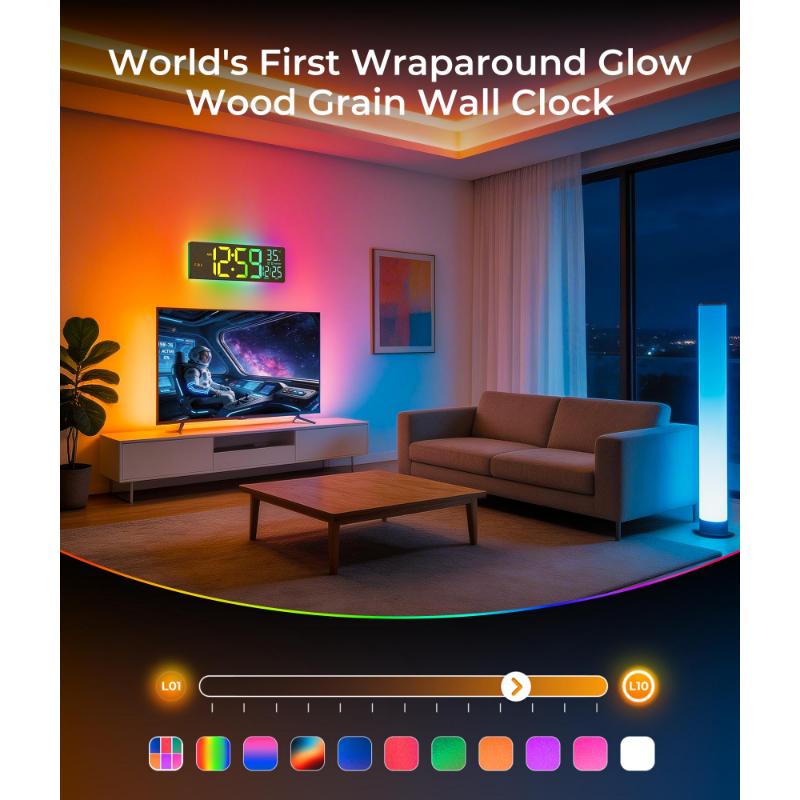 EASYERA 16.5" Large Wood Grain Digital Wall Clock with Remote Control RGB Atmosphere Lights 11 Scenes Dual Alarms LED Display for Livingroom Classroom, Office, Game, Craft Room, Game-Changer for Seniors & Elderly, Grey & Kids.