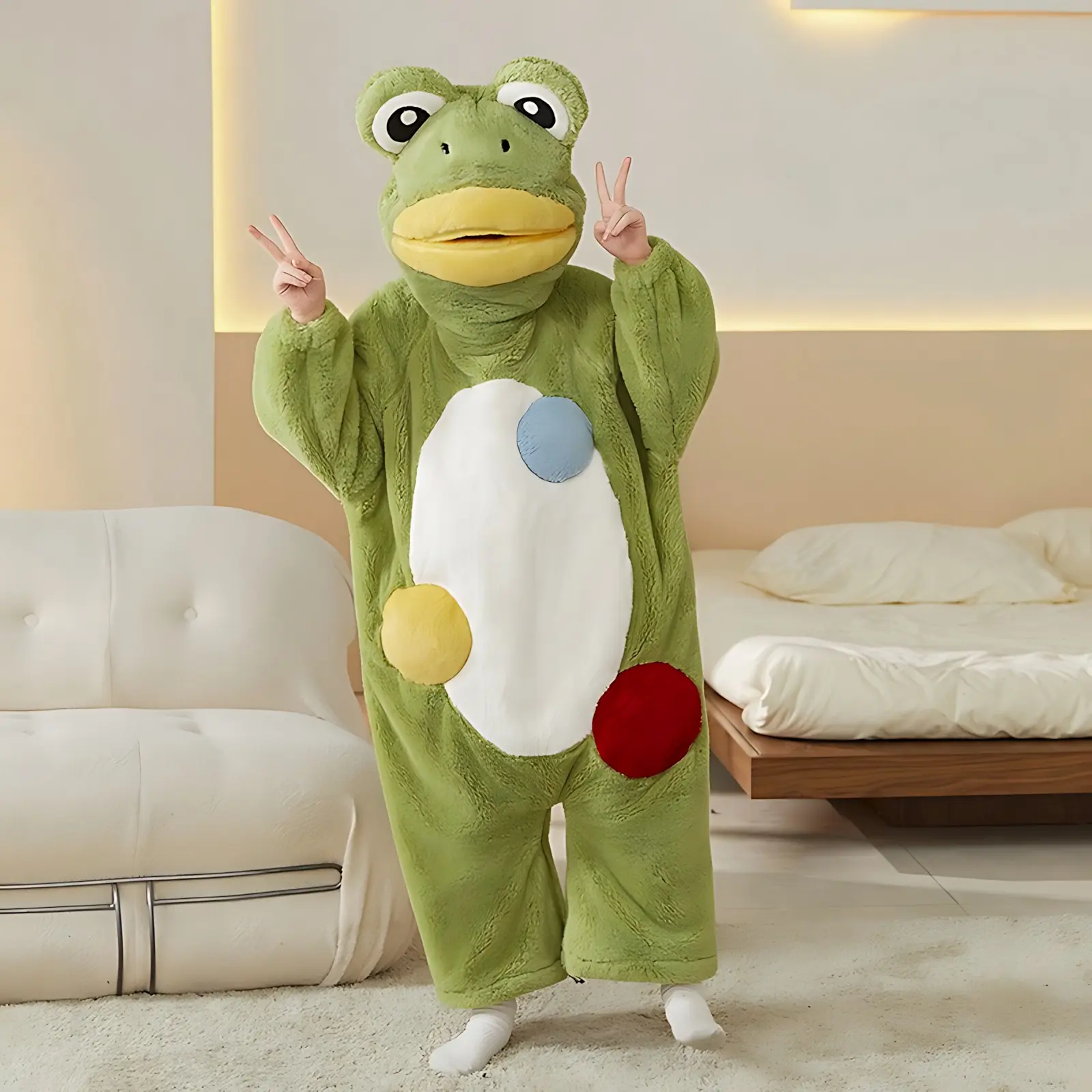 Unisex Adult Cute Frog Plush Hooded Onesie Pajamas, Soft Fleece Zipper Jumpsuit, Halloween Christmas Party Costume Loungewear