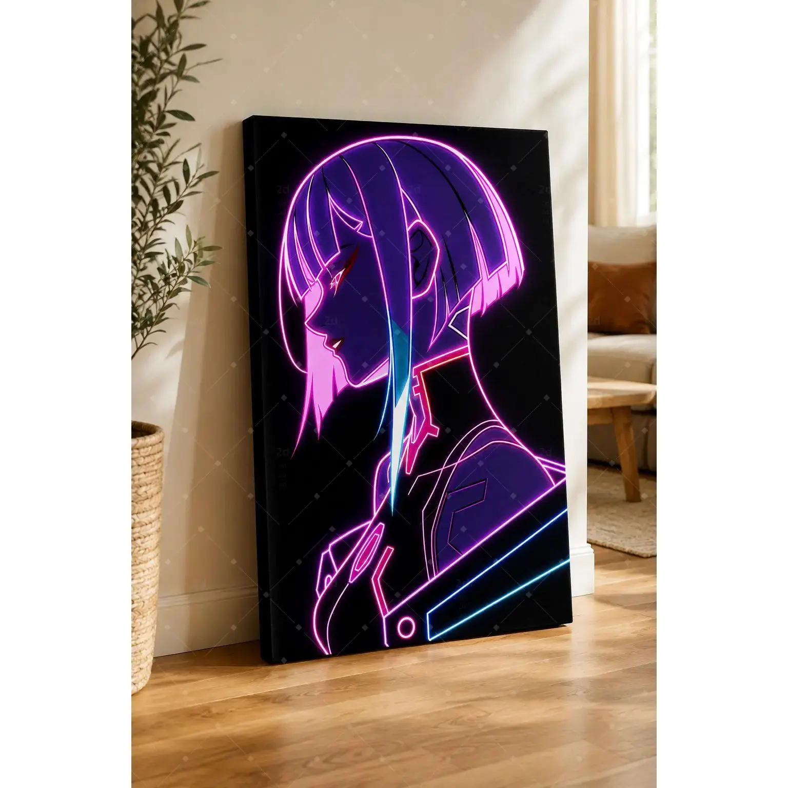 Neon Line Anime Girl Short Hair Cyberpunk Black Background Canvas Wall Art, Futuristic Sci-Fi Character Painting For Game Room Bedroom Bar Gaming Apartment Wall Decor, Available as Unframed Canvas Poster or Framed Canvas Wrap