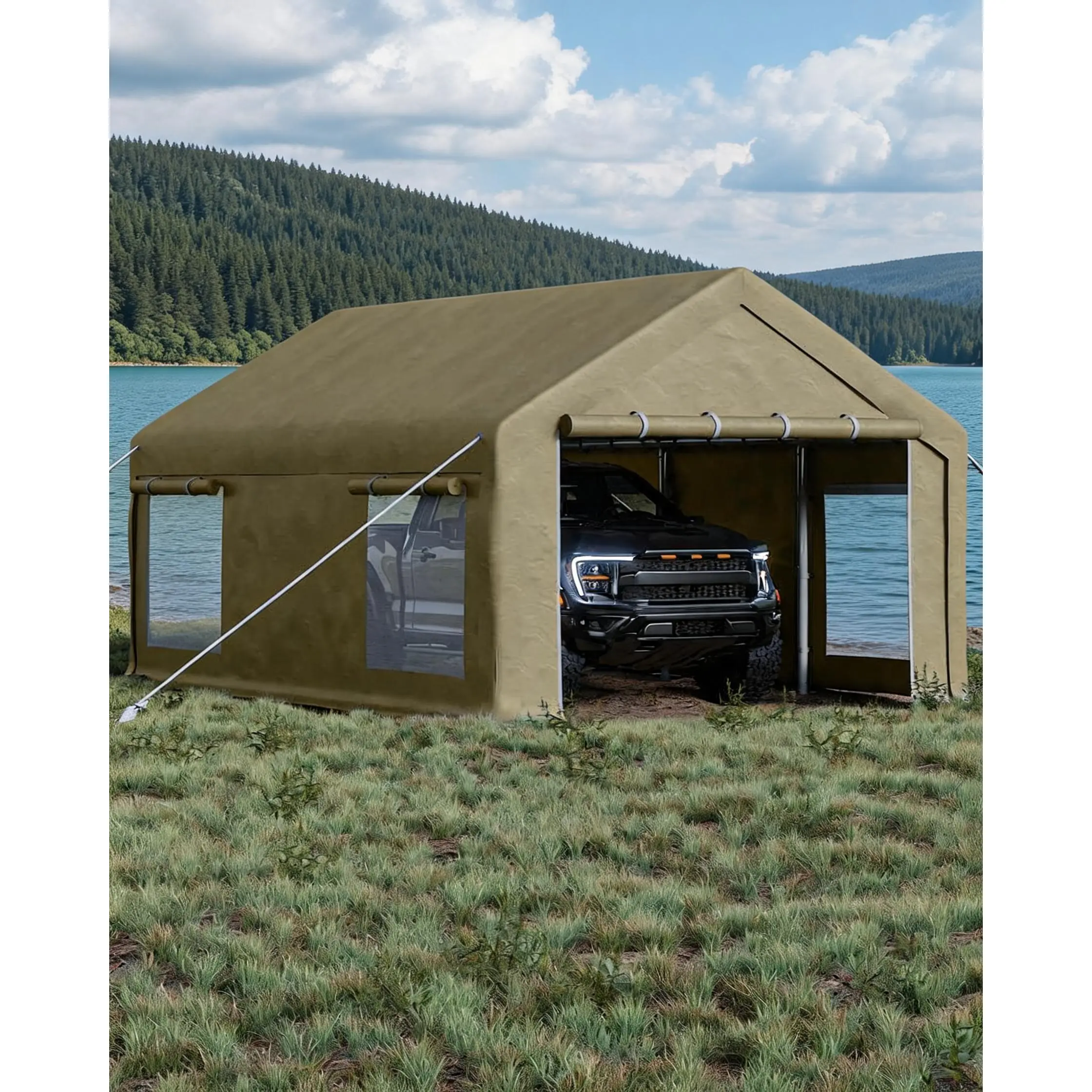 Heavy Duty 12x20 ft Portable Carport Garage – 200g PE Canopy, 2 Roll-Up Doors, 4 Windows – Versatile Outdoor Storage Shelter for Cars, Boats, Pickups, Paint Booth, Event Use
