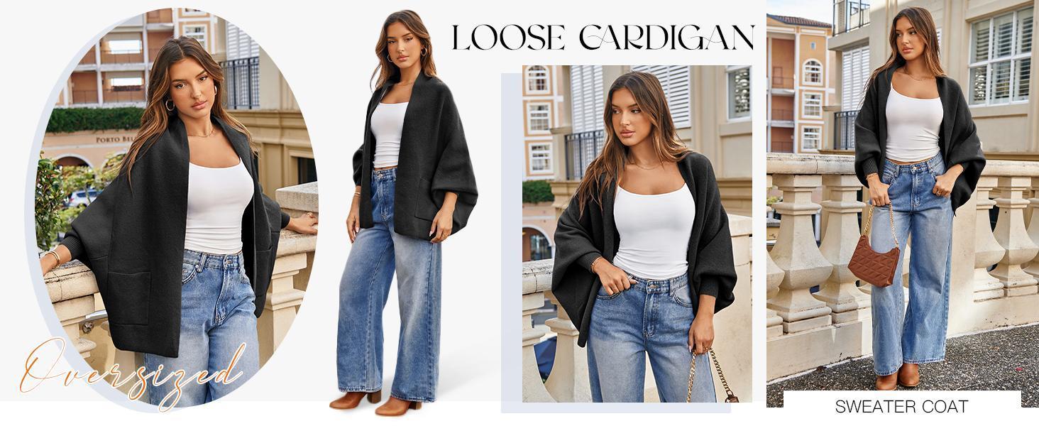 Womens Open Front Cardigan Batwing Long Sleeve Shawl Chunky Knit Loose Fall Poncho Sweater Coats