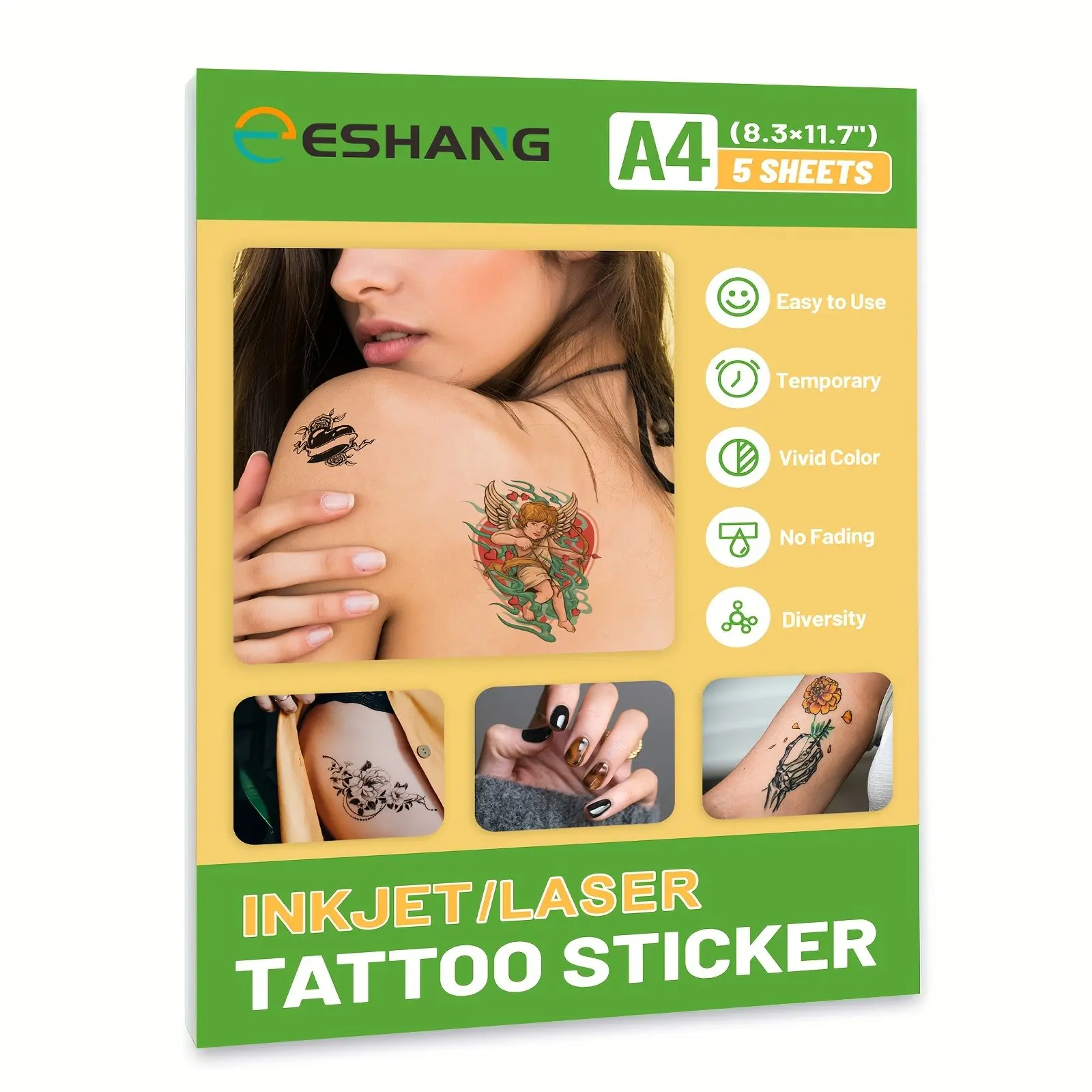 A4 Size 5 Sheets Printable Tattoo Transfer Paper, Temporary Tattoo Paper for Laser/inkjet Printer, 21.08cm X 29.72cm, Easy to Use