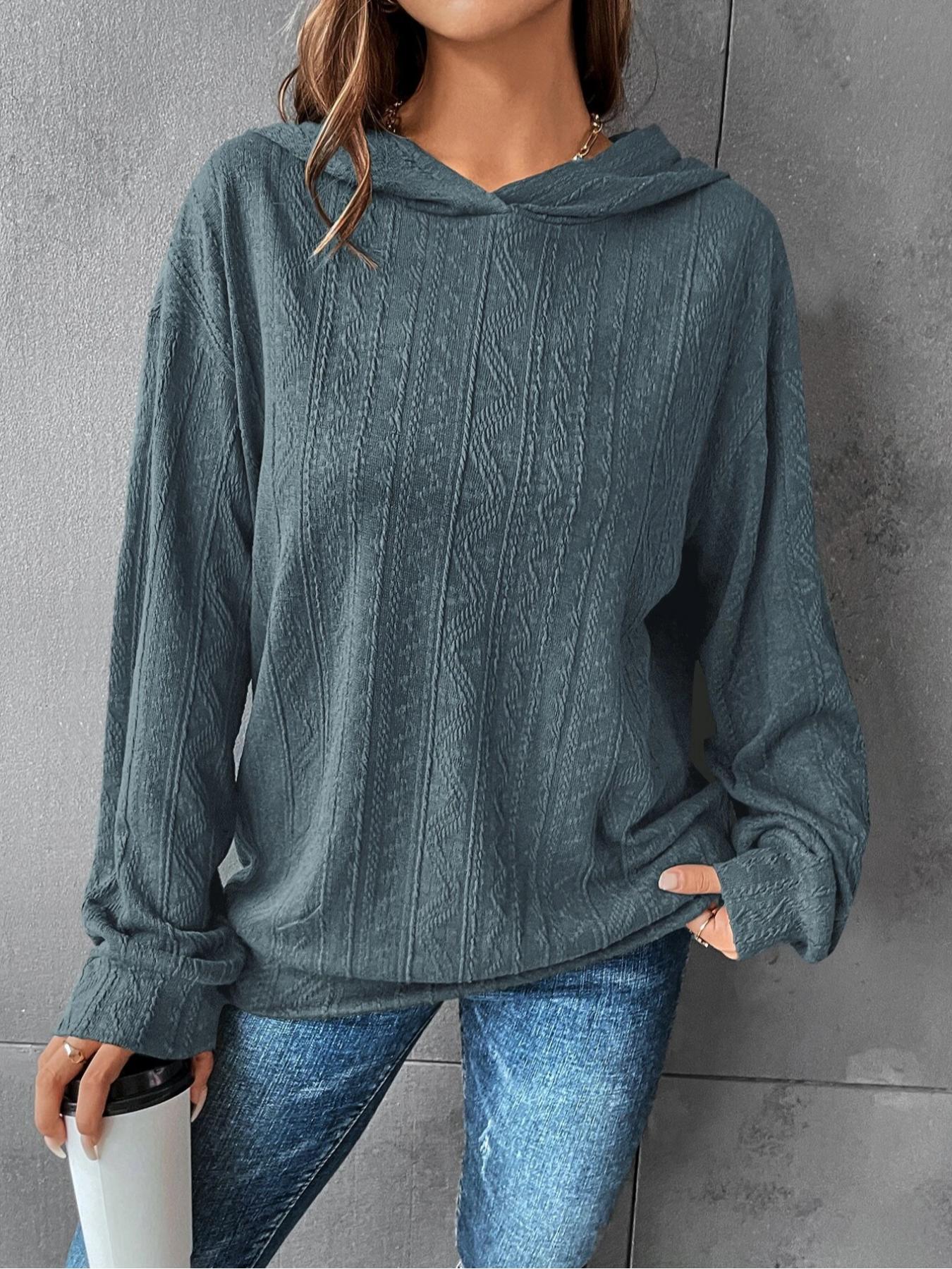Plus Size Solid Color Hoodie Casual Long-Sleeve Hooded Sweatshirt, Casual Hooded Sweatshirts, Y2K Summer Daily Wear, Comfortable Relaxed Fit, Textured Knit Detail, Party Casual Wear