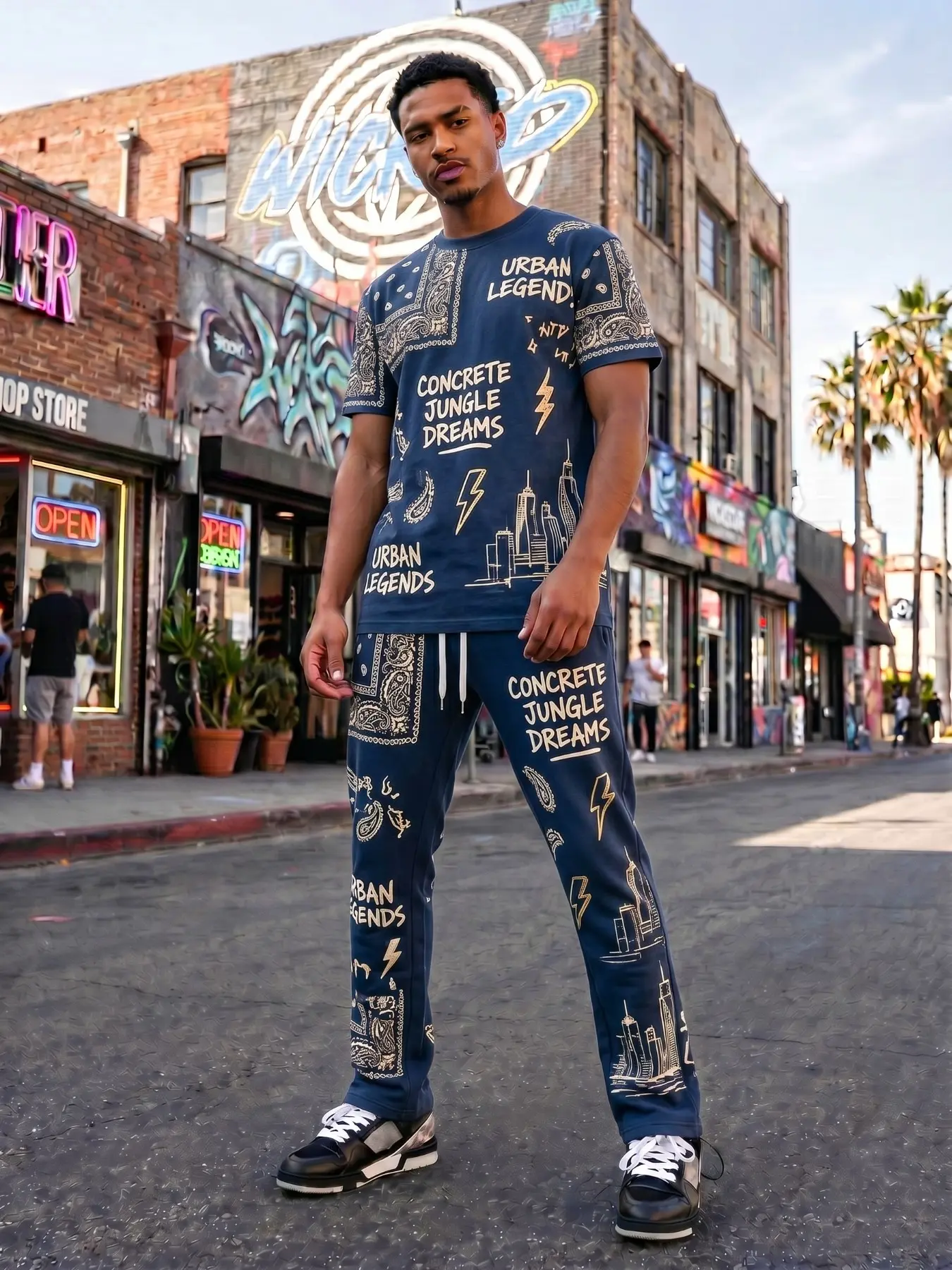 Men Navy Blue Bandana Concrete Jungle City Skyline 2 Piece Tracksuit, Urban Legend Short Sleeve Matching Outfit, Vintage Curved Blade Sweatpants Skater Set