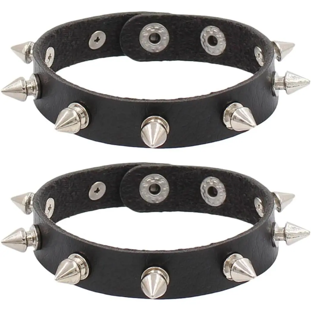 Punk Rivet Leather Bracelet for Men Women, Metal Studded Wristband, Wide Spike Cuff Bracelets Gothic Style Halloween