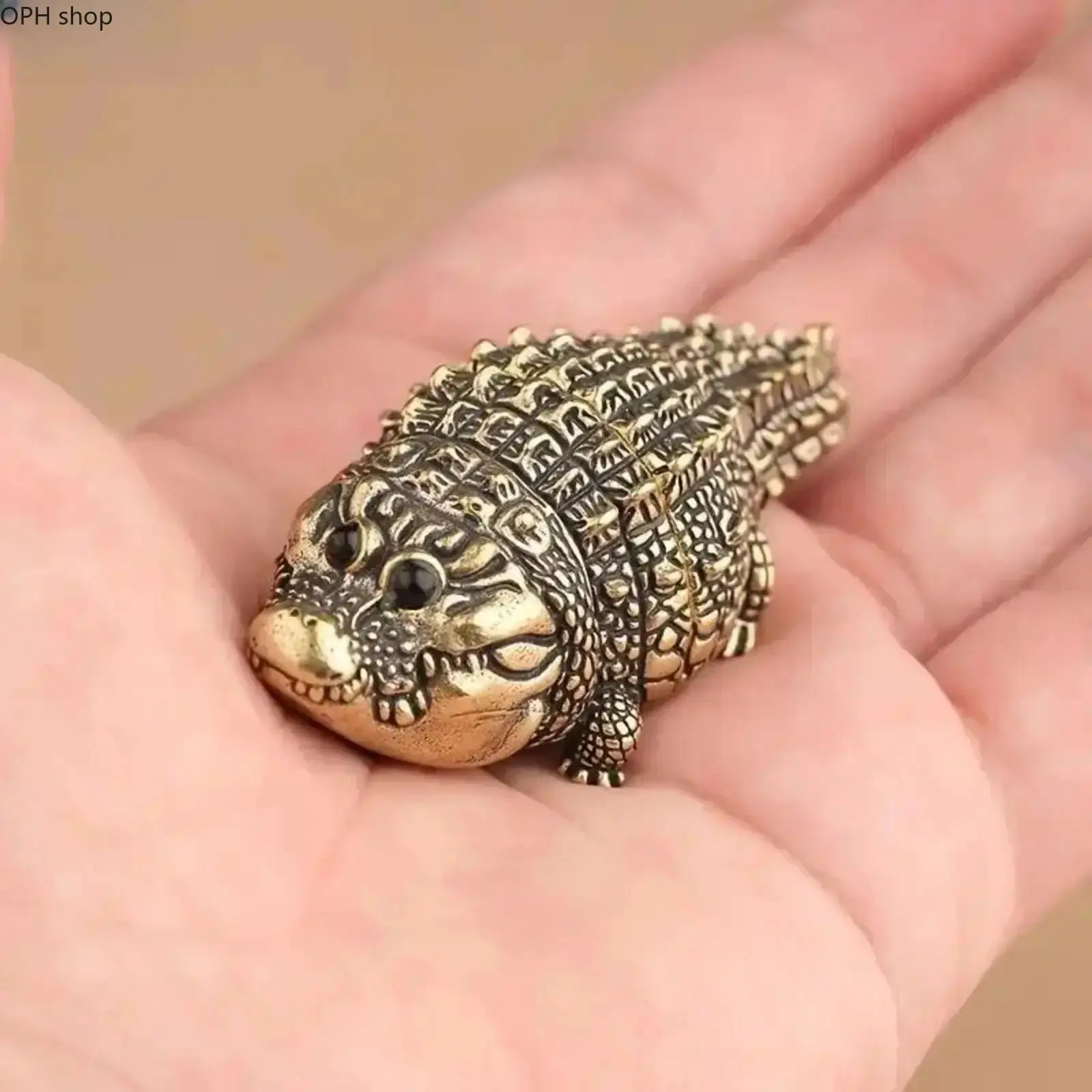 Handcrafted Copper Crocodile Statue - Mini Polished Plump Look Decorative Figurine, Home/Office Desktop Artistic Collectible Gift for Animal Lovers