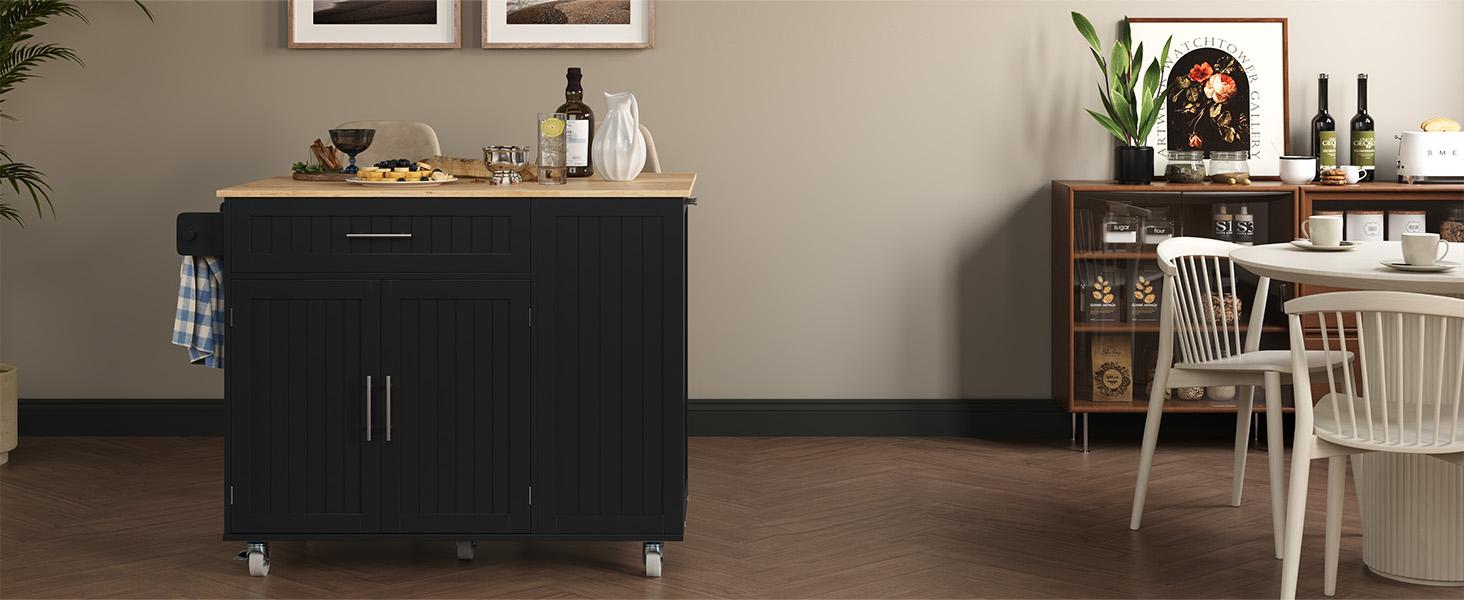 Kitchen Island with Storage, 31.5" D Rolling Kitchen Cart on Wheels with Widen Drop Leaf Rubberwood Top, Large Mobile Kitchen Island with Trash Can Storage and Towel Bar, Black