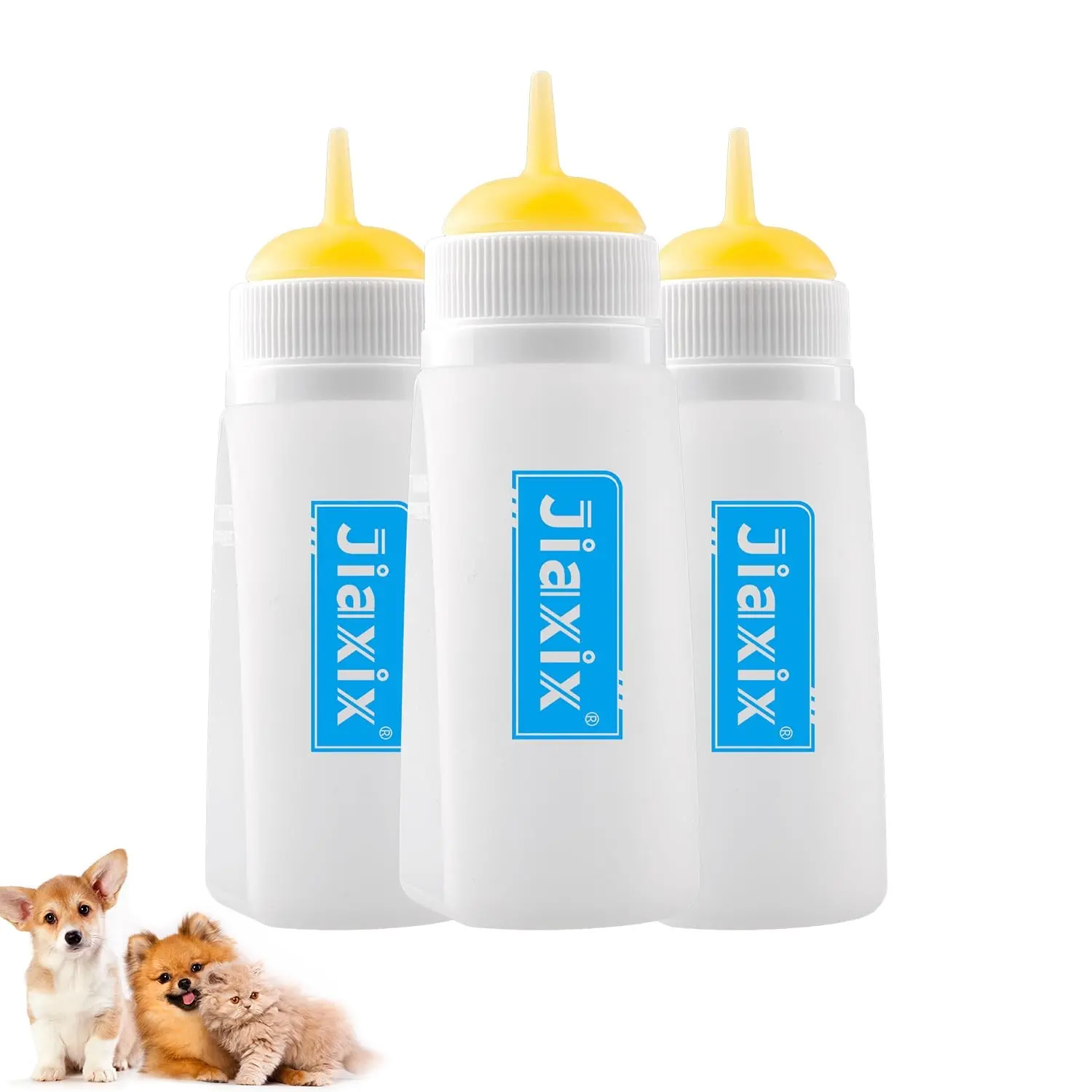 3-Pack Reusable Silicone Bottle Feeding Kit Set, Medium Yellow Newborn Pet Feeding Supplies for Kitten, Puppy
