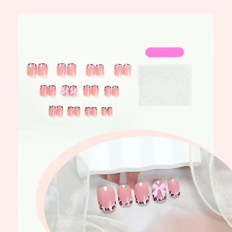 Leopard Print Fake Nails Kit, 24pcs Bow Decor Short Square False Nails for Women & Girls DIY Nail Art, Effortless Press on Nails Manicure Set, Christmas, Christmas Gift