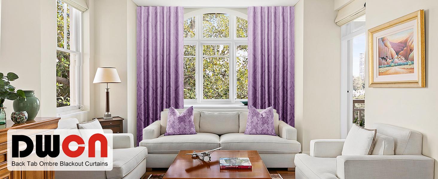 DWCN Purple Ombre Room Darkening Curtains for Bedroom - Back Tab Elegant Damask Thermal Insulted Window Drapes with Tiebacks Light Blocking Curtains for Living Room, 2 Panels, W52 x L84