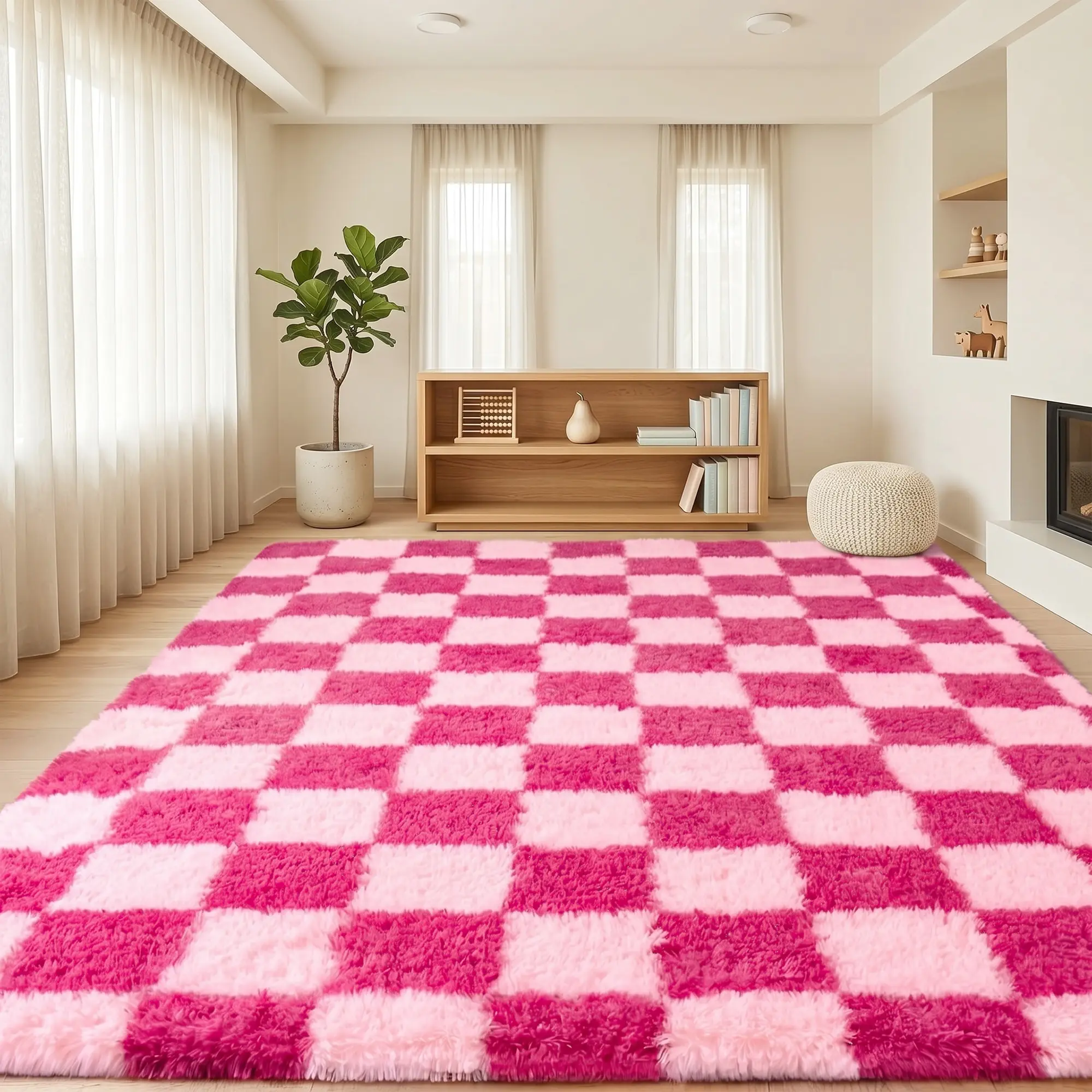【Back to School Essential】 BLIOWL Pink Soft Fluffy Checkerboard Rug Non Slip Washable No Shedding Shag Area Rug for Bedroom Living Room Dorm Apartment Decor Aesthetic Cloud Like Comfort Multi Size Options