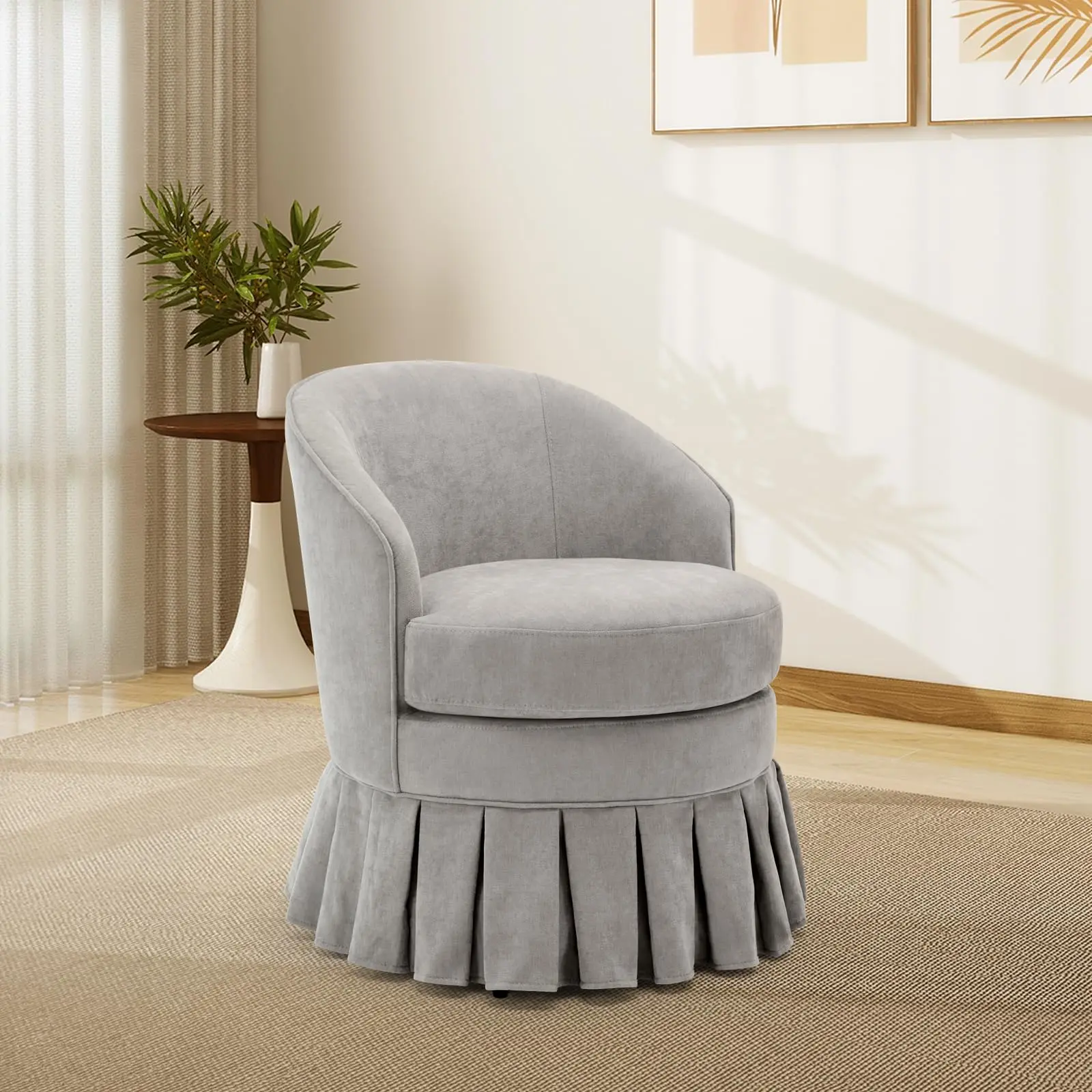 Mid-Century Modern Swivel Dining Armchair, Upholstered Linen Dining Armchair with Sturdy Wood Frame, Cuddle Chair with High Back-300LBS, for Vanity, Dressing Room, Bedroom Decor,Grey,dorm essentials,home decor