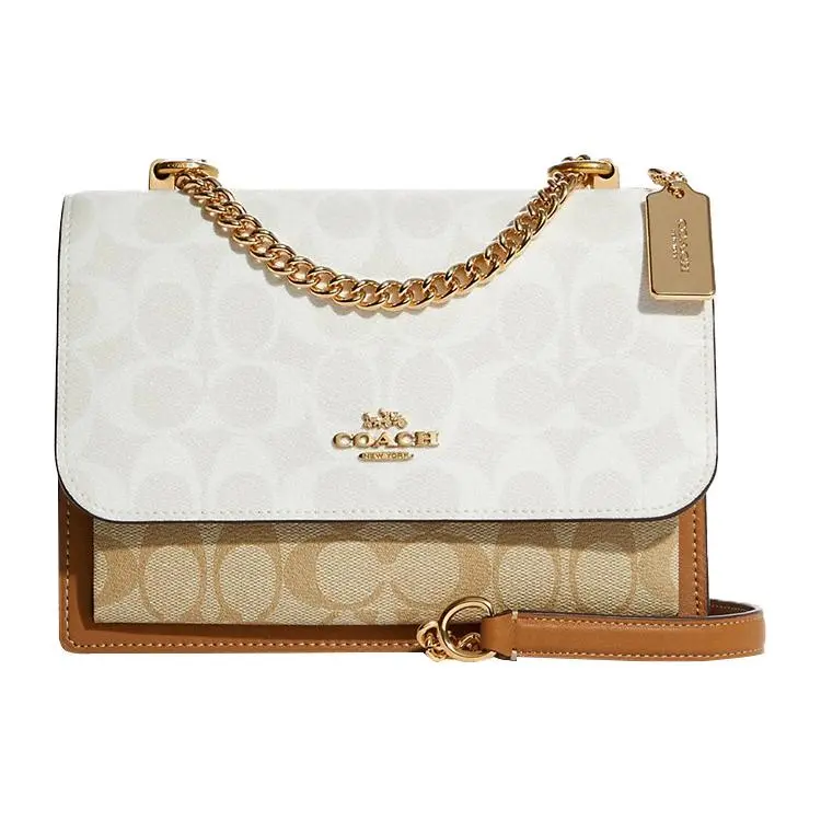 COACH Klare 22 Logo Snap-Front Tote Bag for Women – Coated Canvas and Leather, White and Brown Chevron, Small Crossbody Satchel