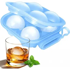 Silicone Large Ice Cube Maker Molds and Trays with Lid Stackable Reusable Slow Melting Ice Balls Maker for Freezer Easy to Fill and Release,Whiskey Bourbon Cocktail (1, Blue, 2.4-inch*4 Balls)