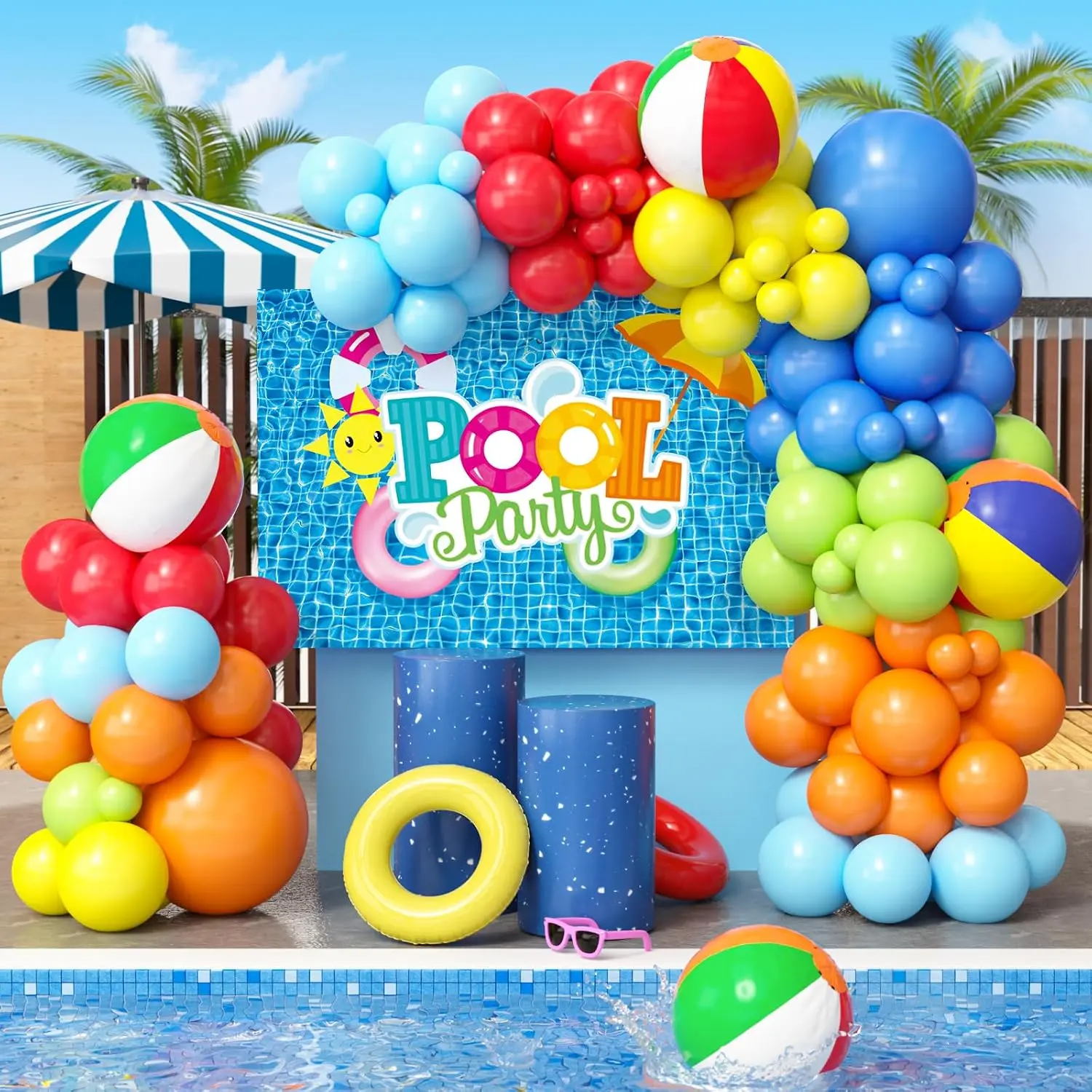 129 Pieces Pool Party Decorations Birthday Supplies - Outdoor Summer Theme Balloon Garland Arch Kit with Backdrop, Beach Ball, Tropical Luau Hawaii Holiday Swimming Pool Decor Party Supplies