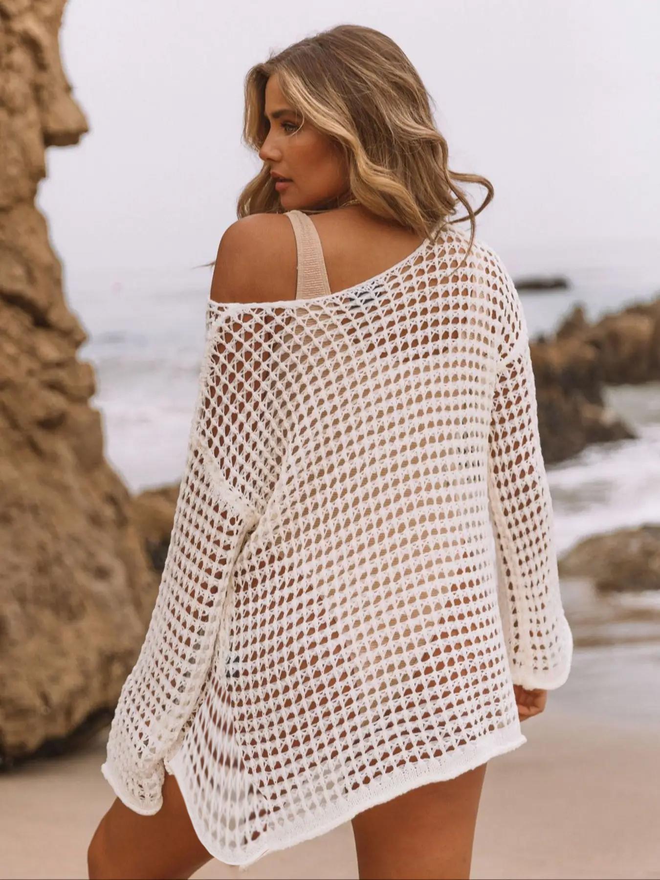 Women's Sexy Hollow Out One Shoulder Cover Up, Solid Drop Shoulder Long Sleeve Top for Summer, Summer Clothes Women, Women's Clothing for Beach Holiday