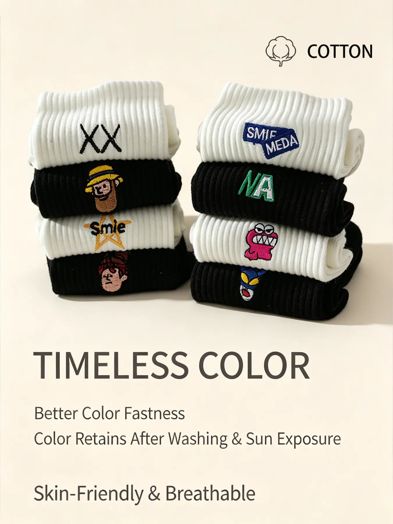 5 Pairs Unisex Cartoon Letter Embroidered Crew Socks, Cotton Blend Comfortable Socks, Spring Summer Fall Casual Everyday Socks